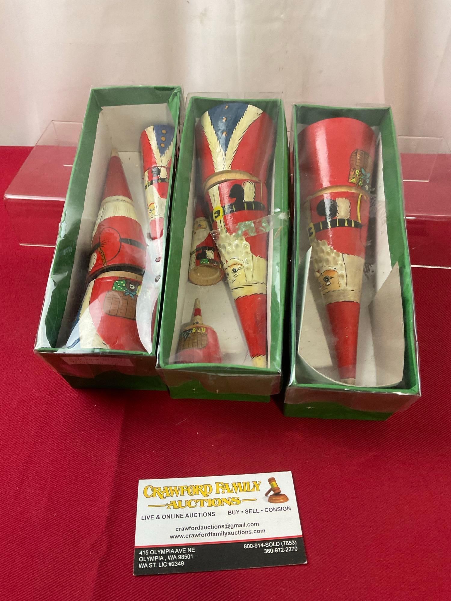 Set of Three Conical Handcrafted Santa Nesting Dolls, 8 pieces, tallest is about 10 inches: Appears to be in good shape. The three taller pieces measure approx 10 inches tall. See pics. E-3720