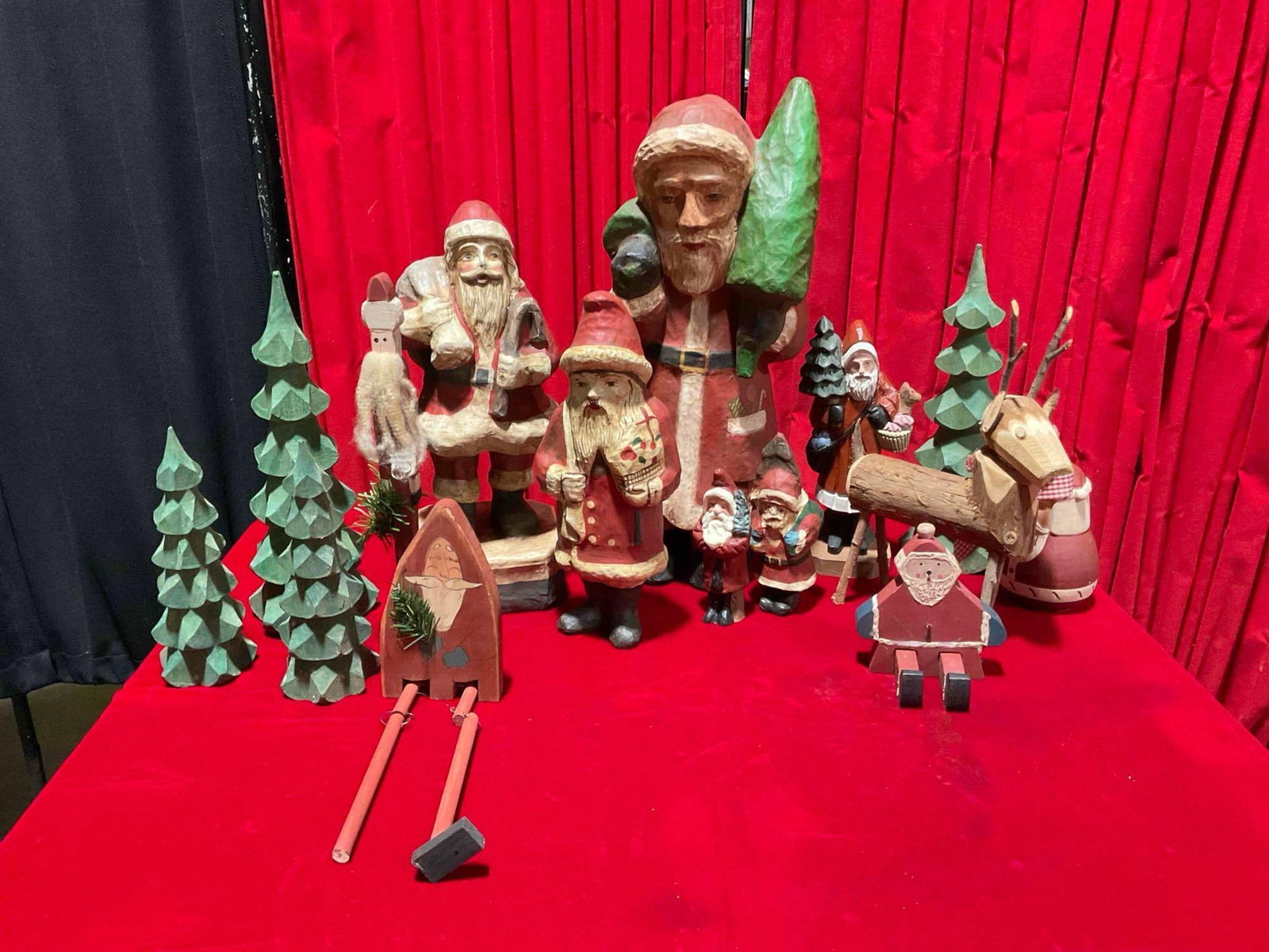 15 pcs Vintage Christmas Decorations. Wooden Trees, Resin Santas & Much More! See pics.: 15 pcs Vintage Christmas Decorations. Wooden Trees, Resin Santas & Much More! One Santa missing a foot, condition is otherwise very good. Largest measures 7" x 7" x 16" DM-3720