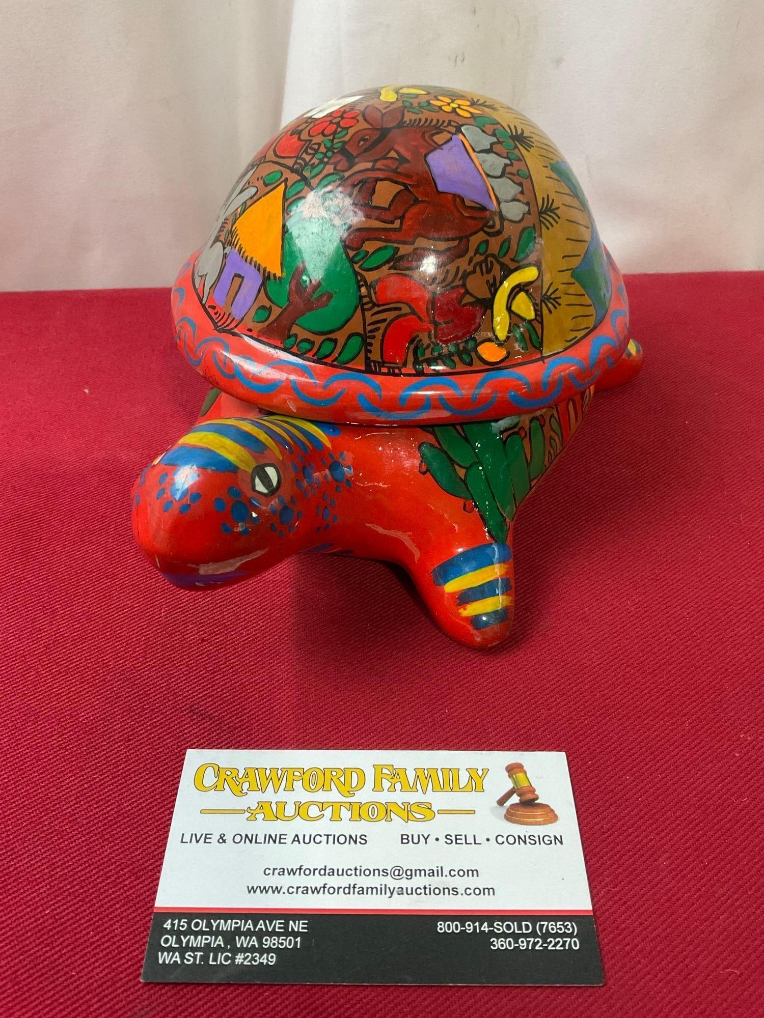 La Tortuga Handmade Painted Clay Mexican Turtle container w/ removable shell lid, 7.5 inches long (1 of 3)