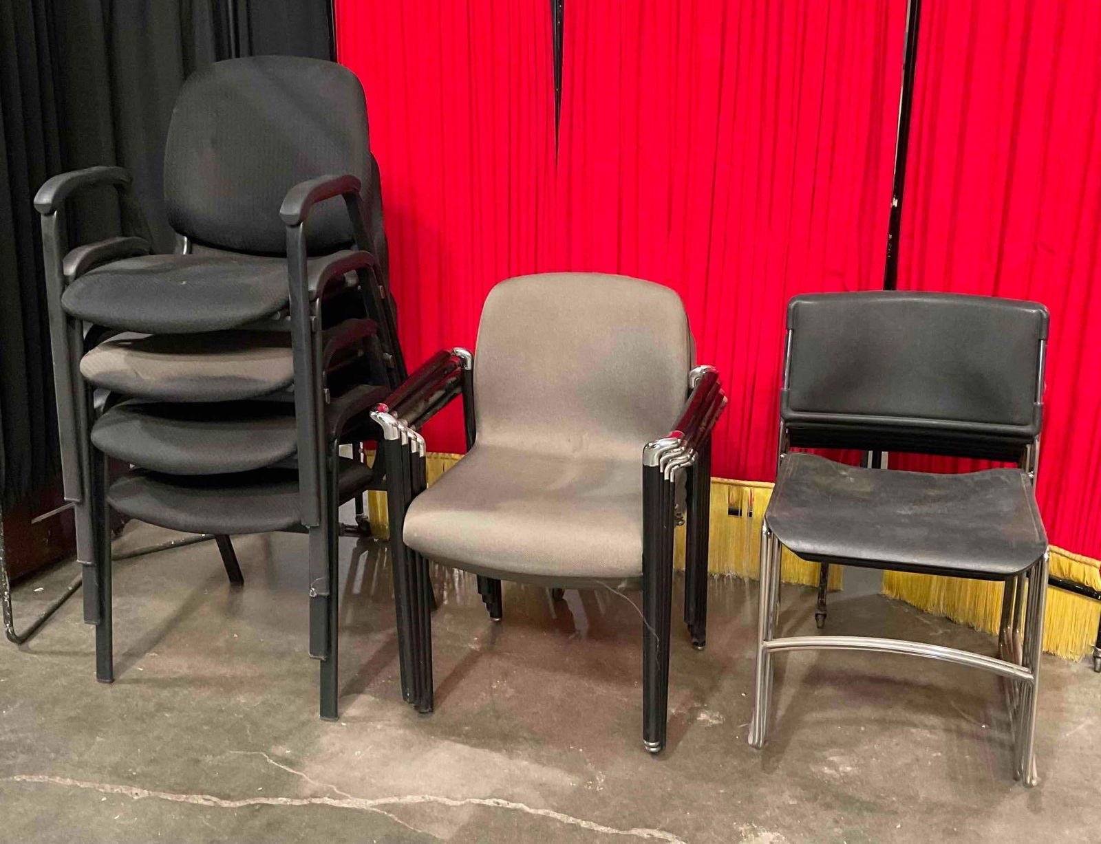 15 pcs Modern Plastic & Metal Stacking Chairs. 3 Different Types. Fair Condition. See pics.: 15 pcs Modern Plastic & Metal Stacking Chairs. 3 Different Types. Fair Condition. Chairs are stained and discolored, condition is otherwise fair to good. Measures 26" x 20" x 30" DM-414 *Frei