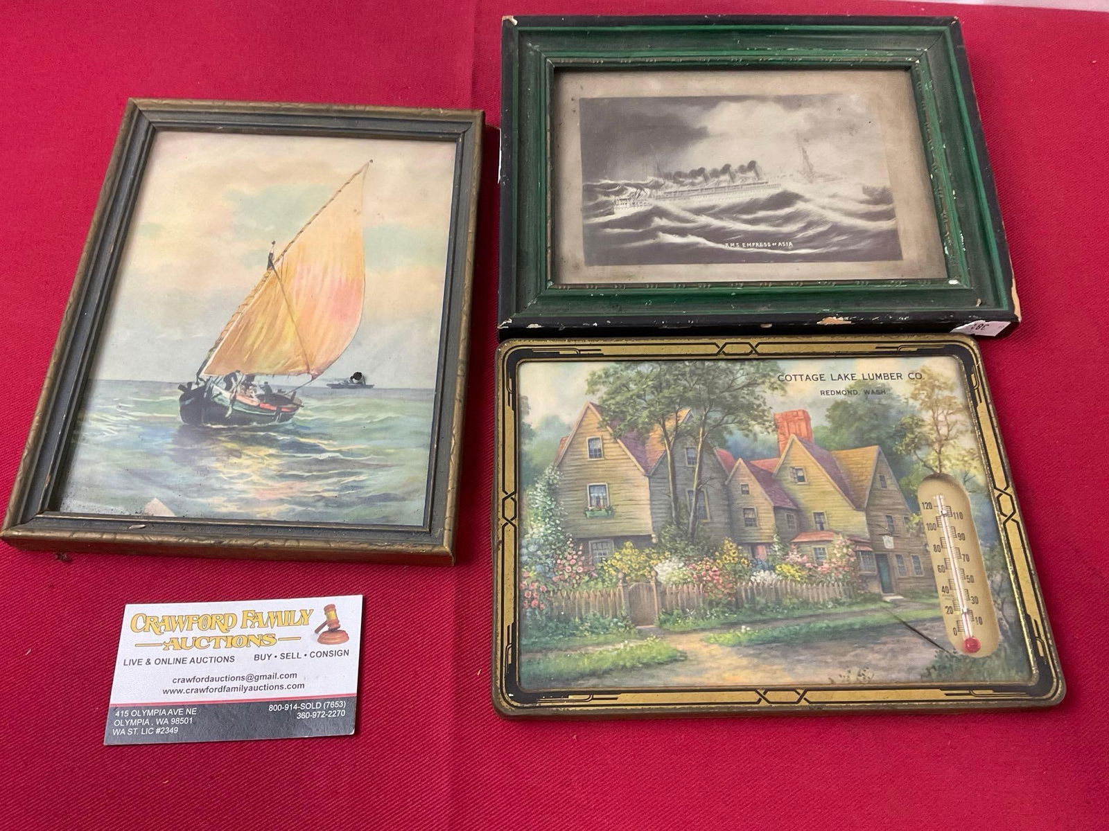 Set of 3 Vintage Framed Prints, Thermometer, HMS Empress of Asia Steamer, & Sail boat, 7 x 9 inches: Appears to be in fair to good shape. The pieces measure approx 7 x 9 inches. See pics. E-3810