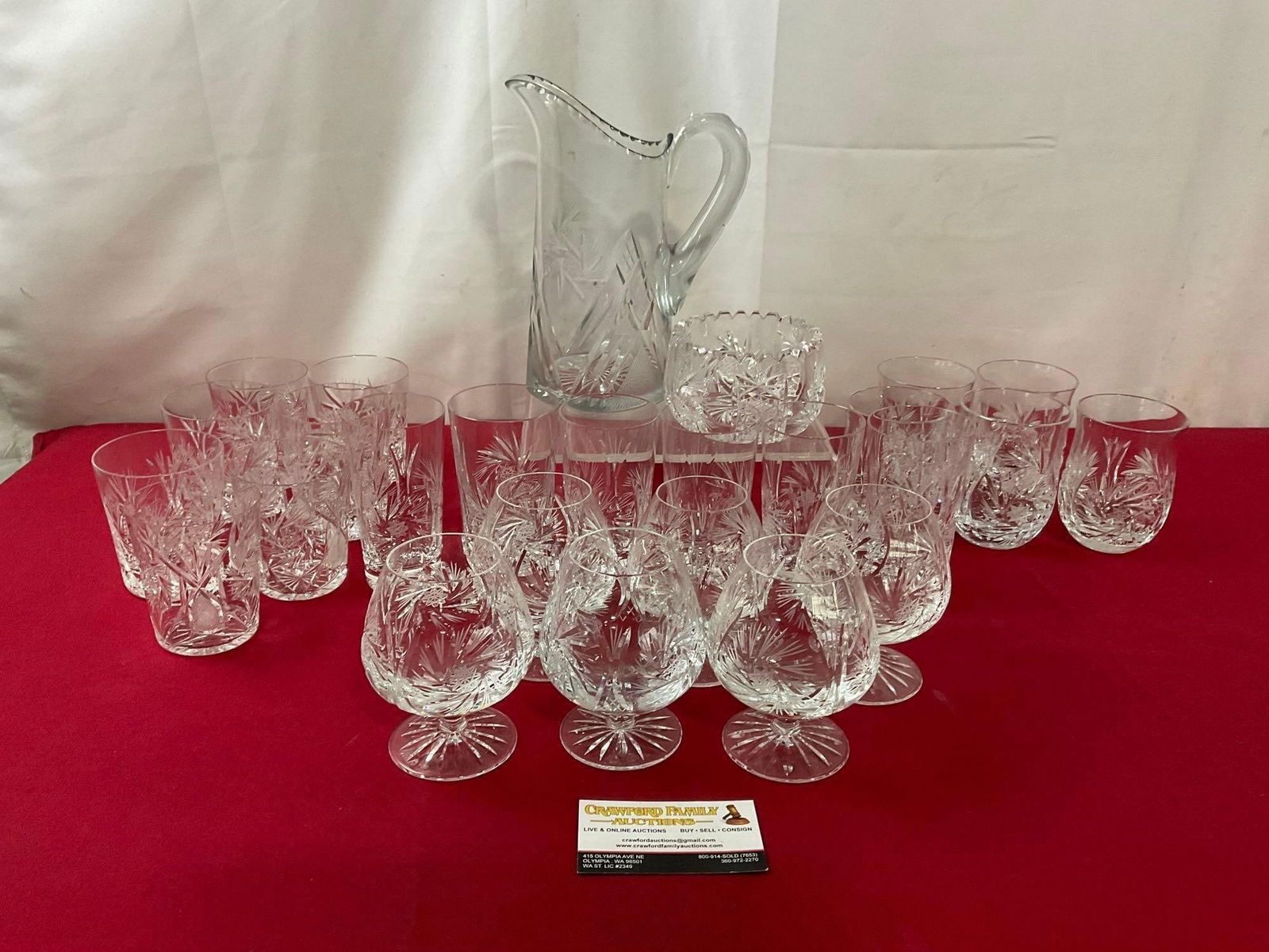 Vintage Collection of Crystal/Cut Glass, Pitcher, bowl, Cups, Glasses, & Goblets, approx 26 pieces: Appears to be in good shape. The pitcher measures approx 9.5 inches tall. See pics. E-3810