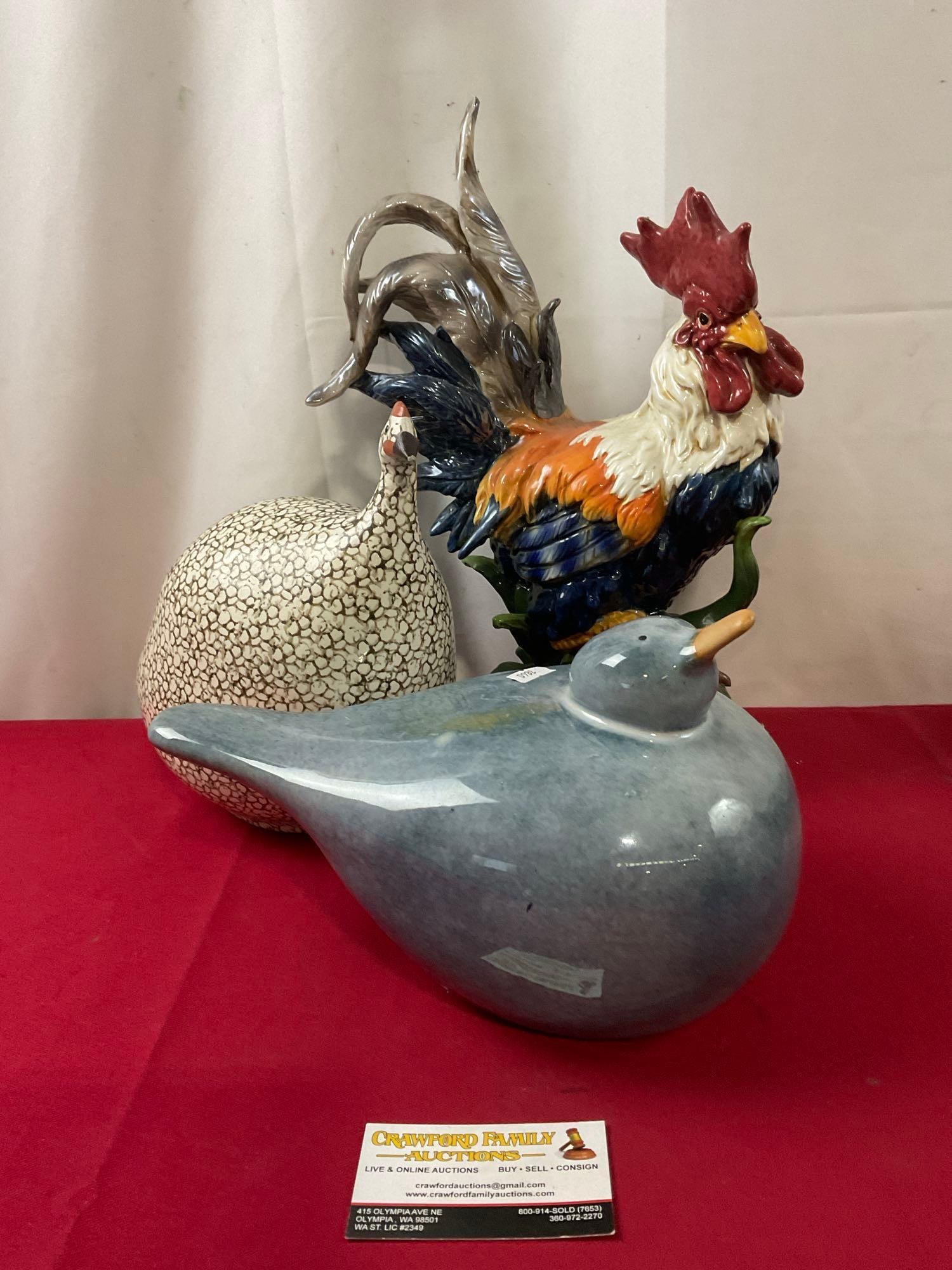 3 Bird Statues, Heidi Caillard Guinea Hen, Ceramic Rooster & Studio Pottery Blue Sea Bird, 16 inc... (1 of 5)