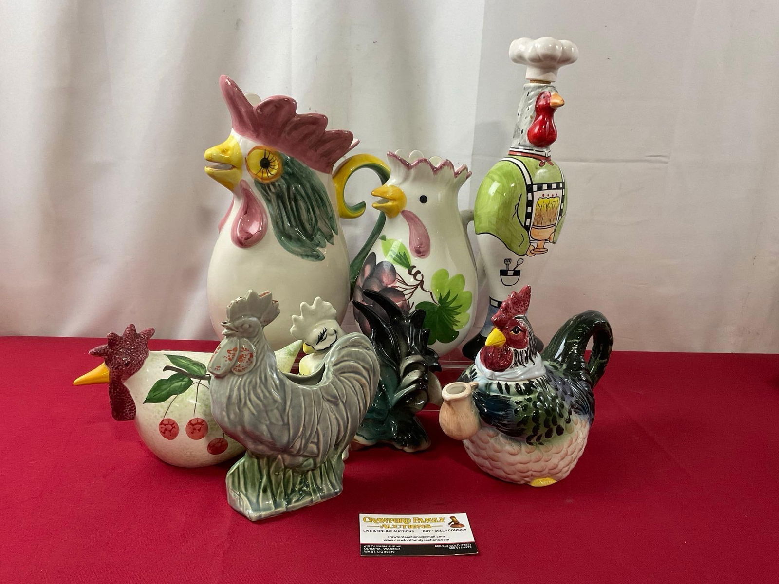7 piece Rooster style Pottery, McCoy planter, Teapot, 2 Pitchers, pair of Statues & Bottle 13 inc... (1 of 6)