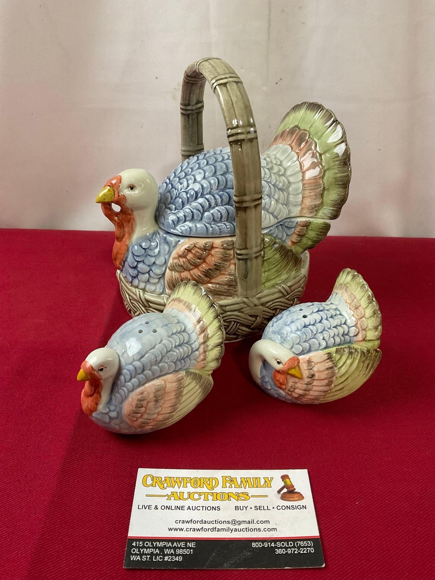 Vintage Fitz & Floyd Turkey Shaped Sugar Container w/ Lid, Salt & Pepper Shakers, in original boxes (1 of 4)
