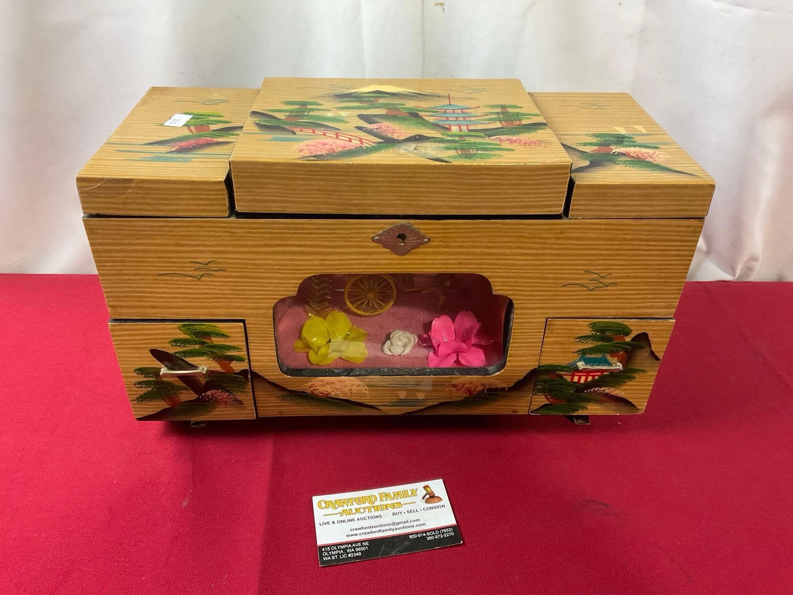 Vintage Japanese lacquered Wood Musical Jewelry Box, several compartments, 8.5h x 14.25w x 6.5d i... (1 of 5)