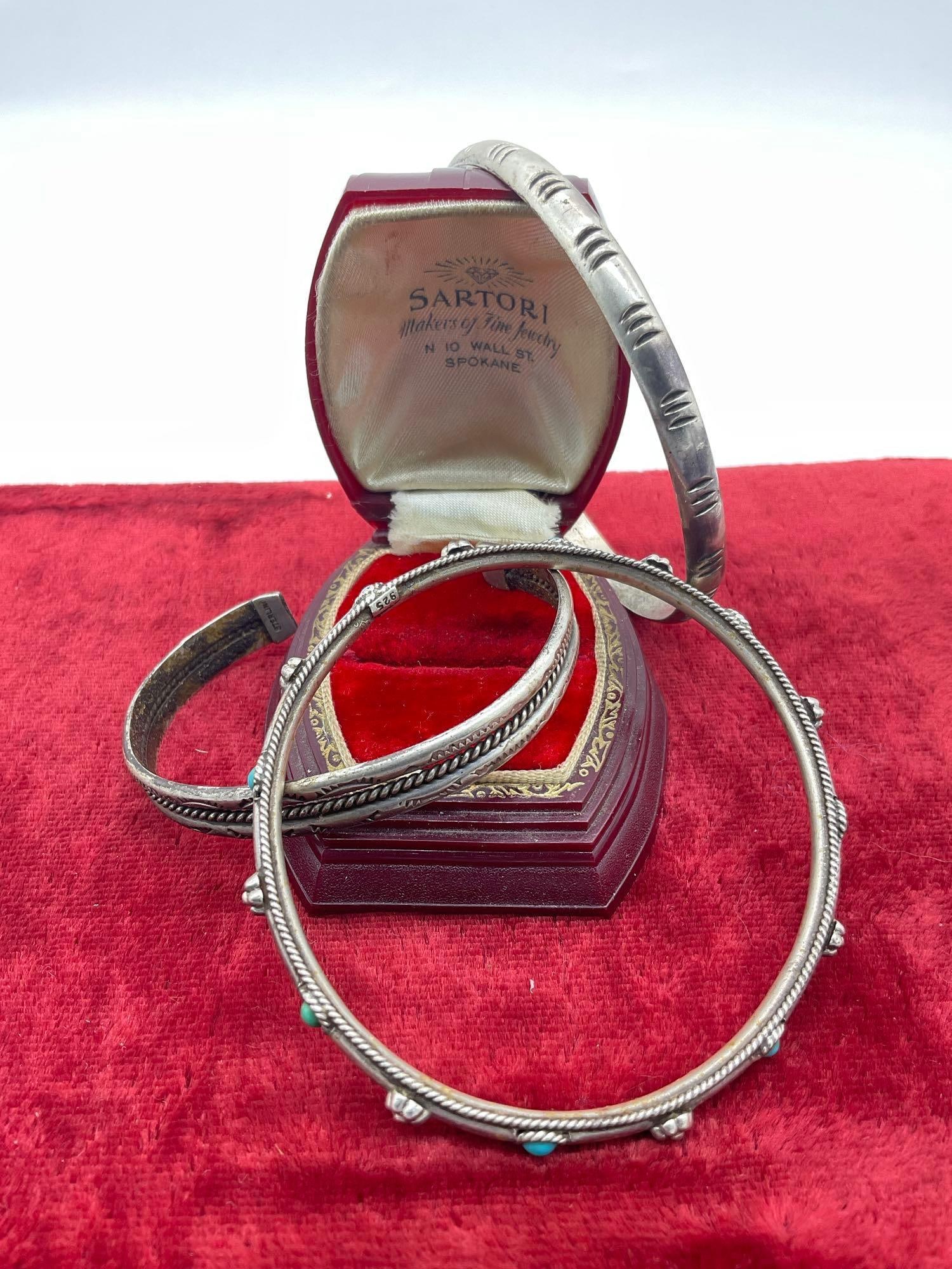 set of 3 Vintage Sterling silver cuff bracelets featuring one adorned w/ Turquoise (1 of 3)