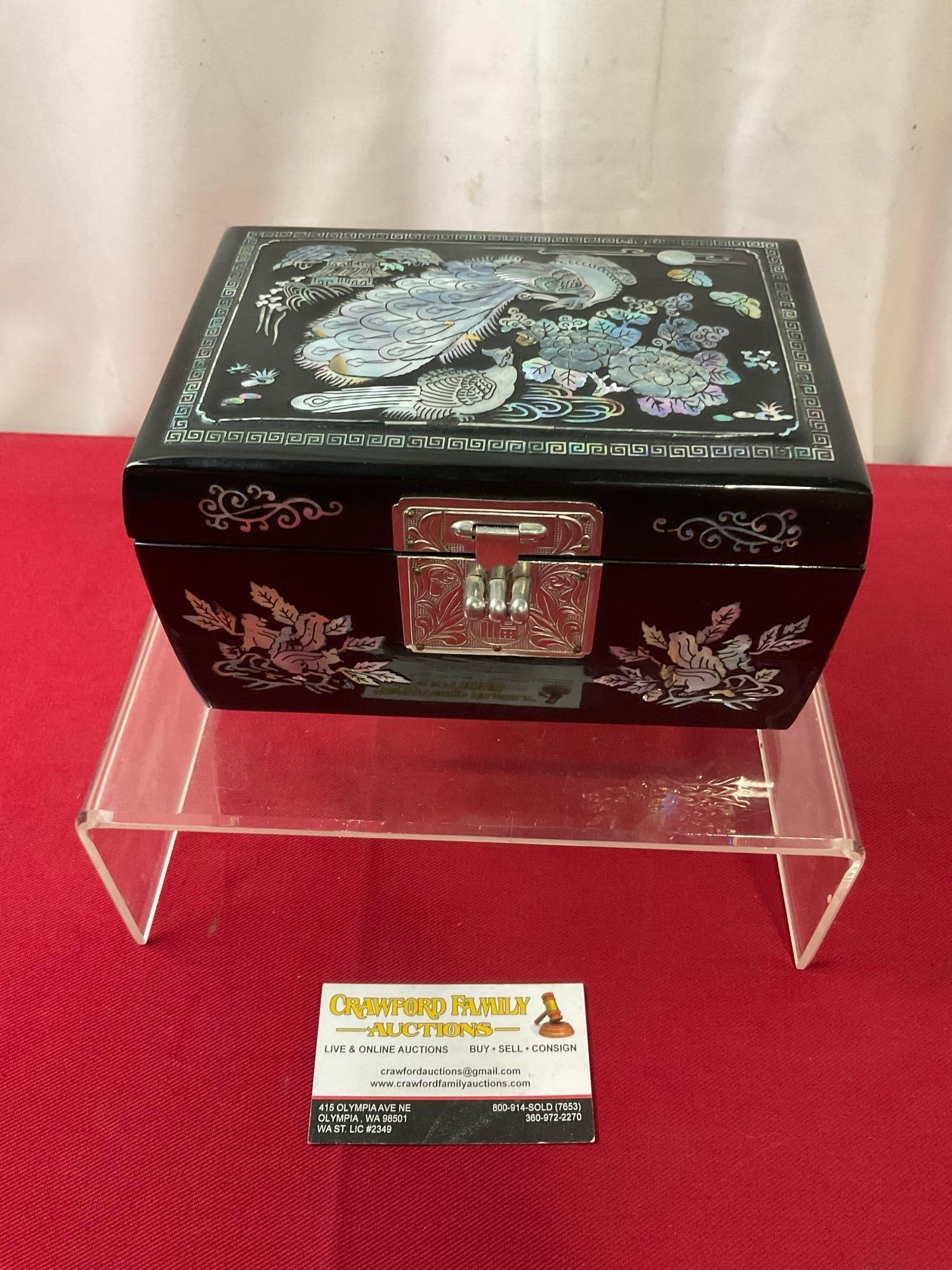 Vintage Korean Black Lacquered & MOP Jewelry Box w/ mirror, red felt lining, 4.5h x 7.5w x 5.5d i...: Appears to be in good shape. The piece measures approx 4.5h x 7.5w x 5.5d inches. See pics. E-3890