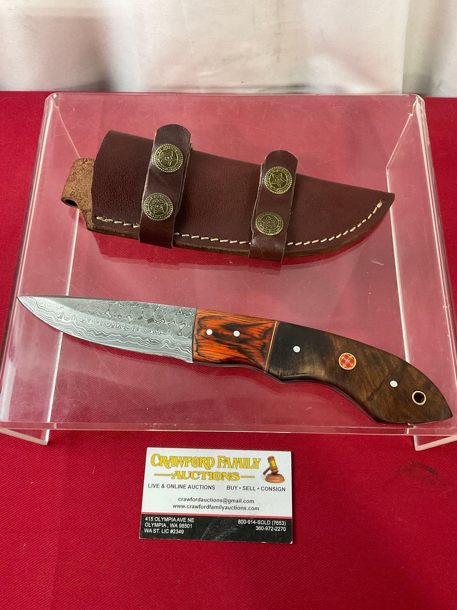 Handmade Damascus Knife w/ Leather Sheath, 4 inch blade, Orange/Dark brown tinted wooden handle (1 of 3)