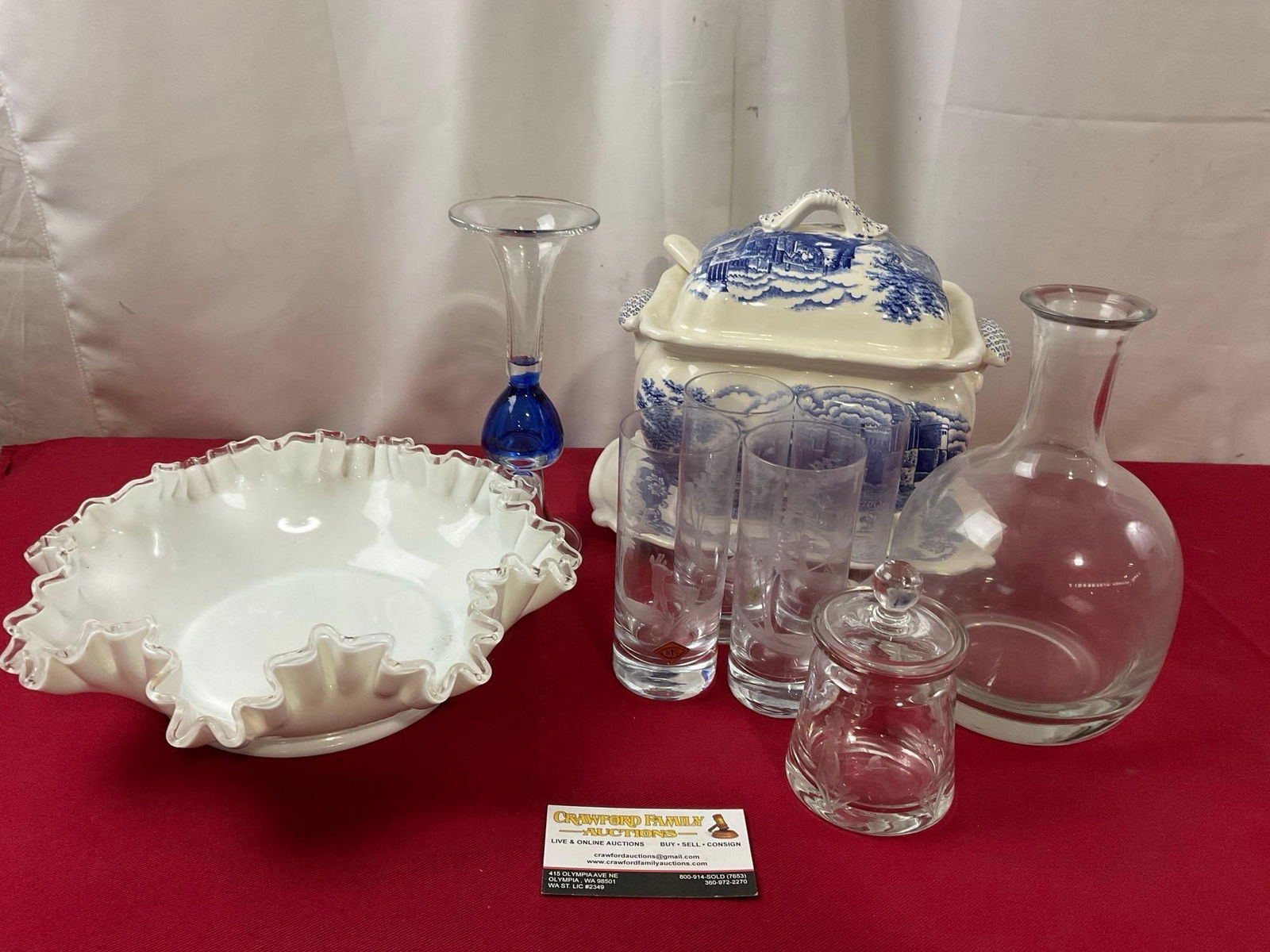 Fenton Frilled Milk Glass Bowl, Etched Glasses & Sugar, Transferware Ironstone Soup Tureen & more (1 of 12)