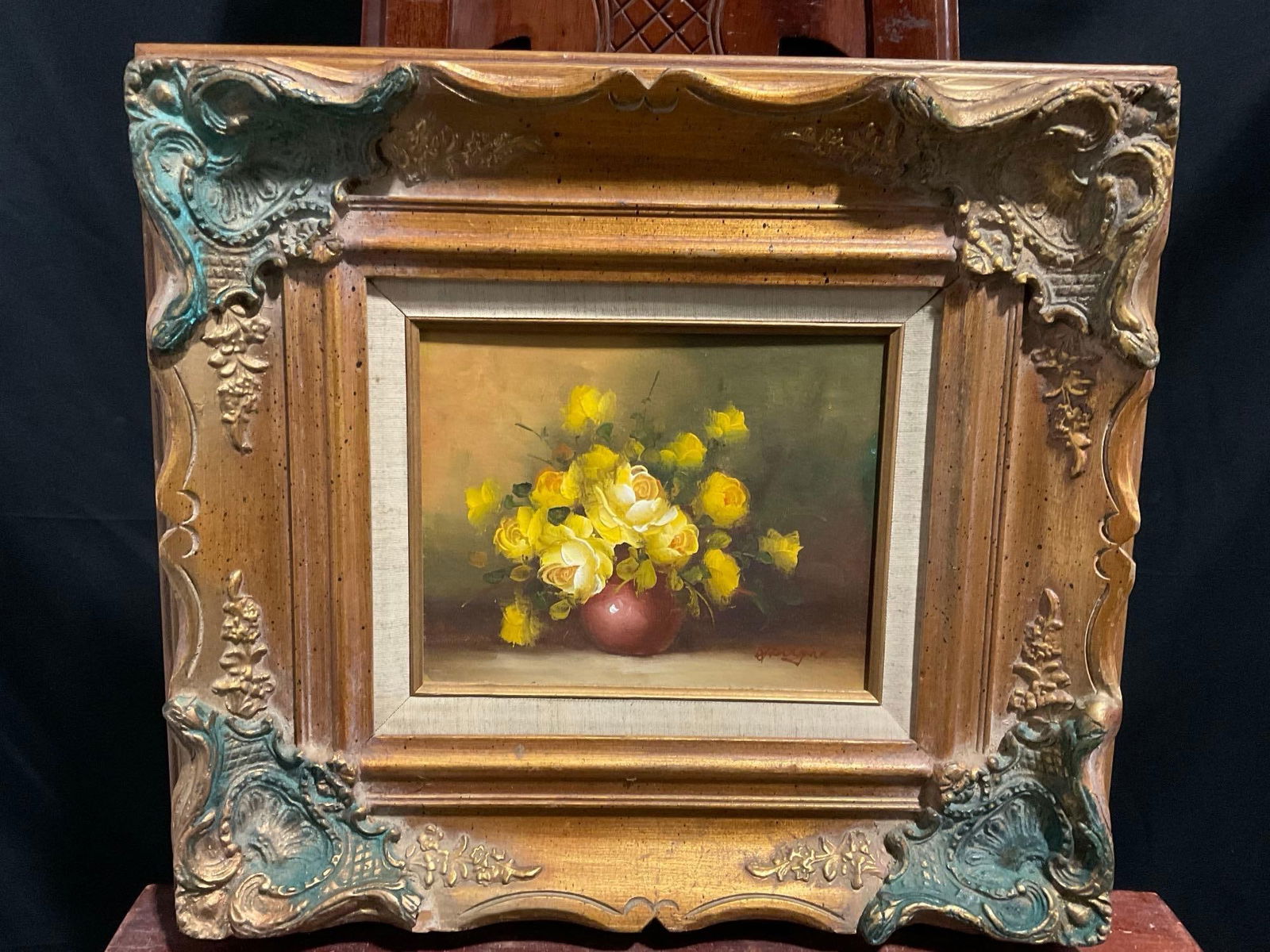 Framed Original Oil on Canvas, Beautiful Yellow Flower Still Life, Signed by artist, 18.5h x 20w in (1 of 5)