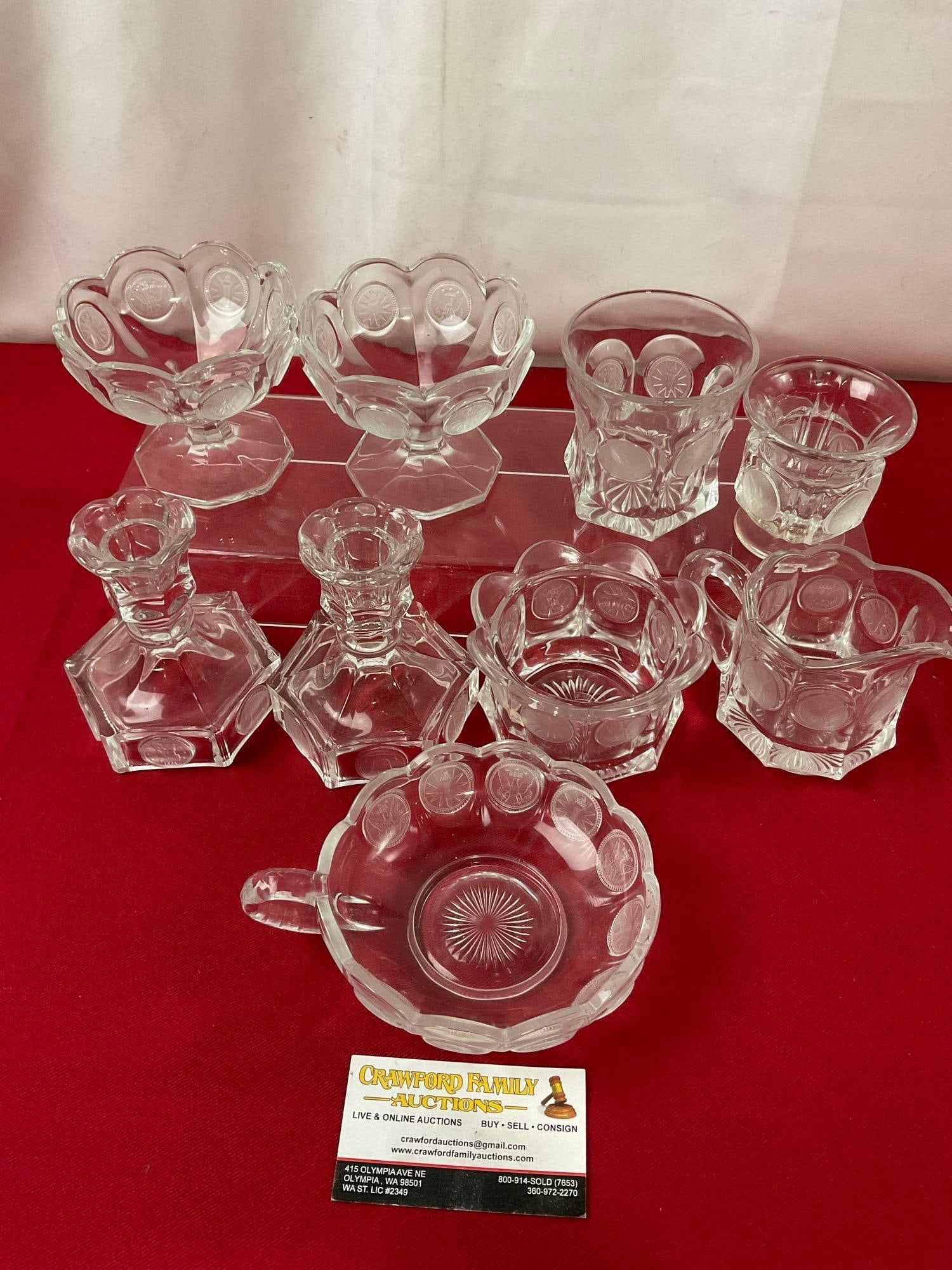 9 pcs of Vintage Clear Westmoreland Coin Glass, Candleholders, Dessert Cups, Sugar & Cream, Cups (1 of 3)
