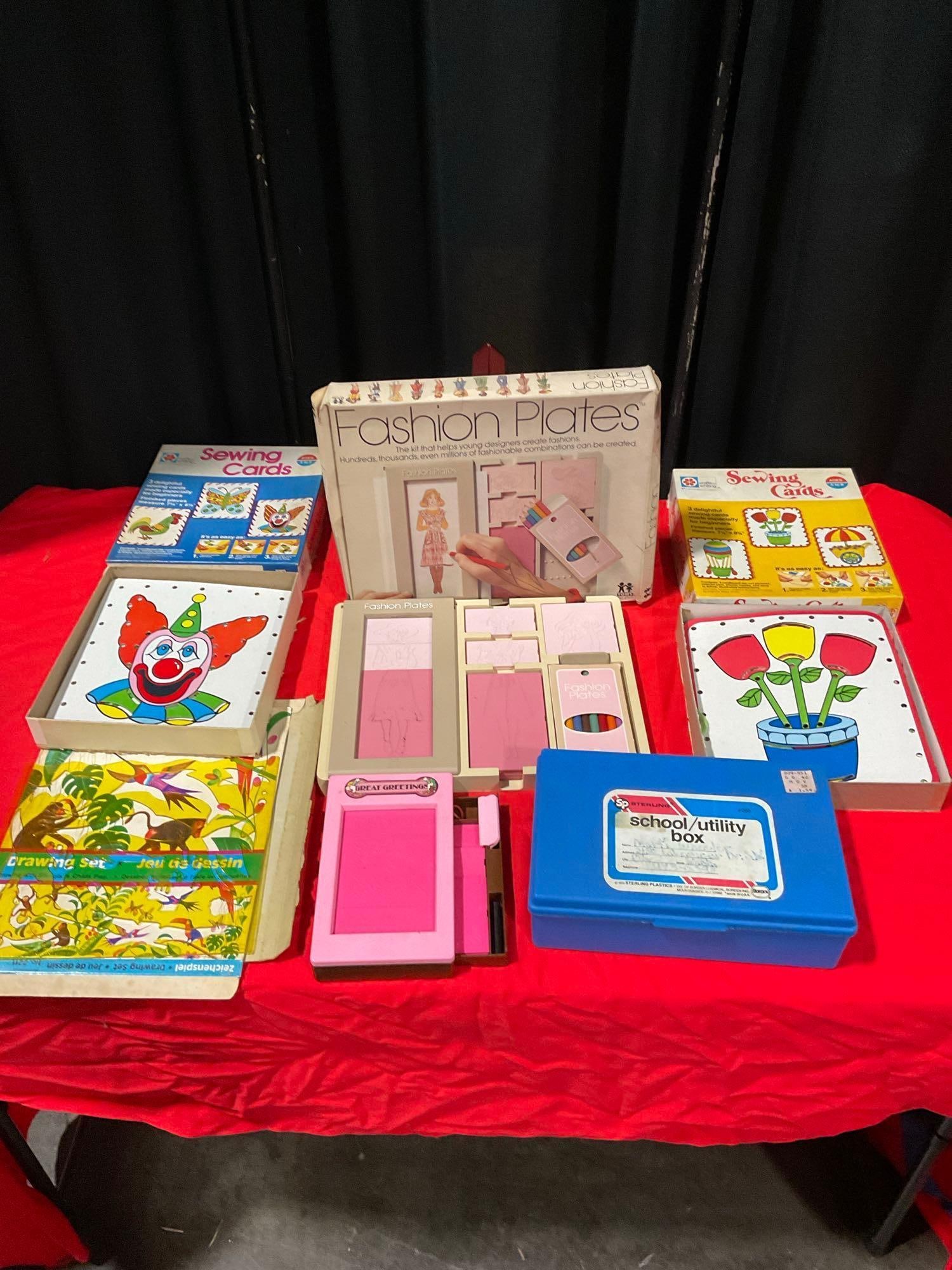 Collection of Vintage Drawing and Art Toys. Includes Stencils, and Hello Kitty stamps: Fair to good condition. Uncertain if all parts included. As is. See pics. V-414