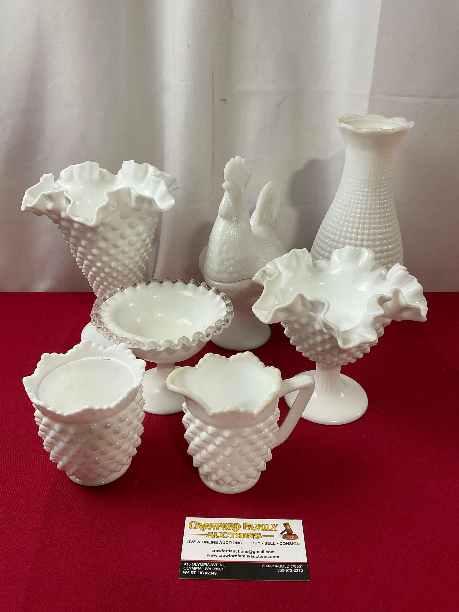 7 Milk Glass Pieces, Chimney, Footed compote, Sugar & Creamer, Chicken Candy Bowl, & Vase (1 of 5)