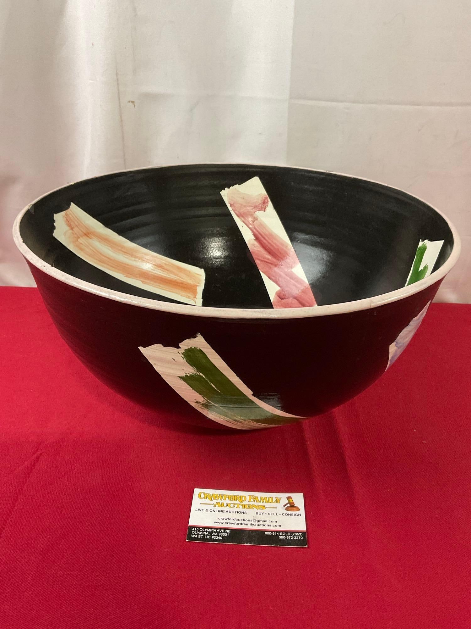 Large Ceramic Handturned Bowl, Black Glazed and painted, 8h x 15d inches (1 of 6)