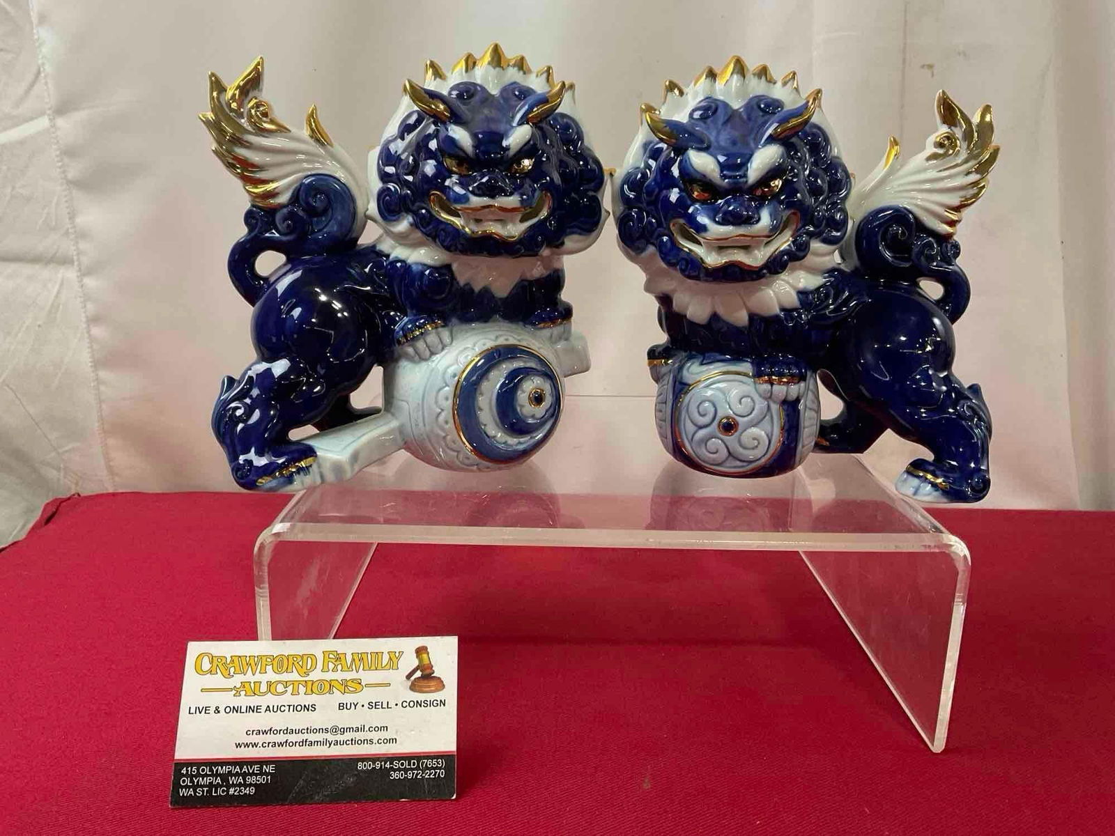 Pair of Vintage Yoshimi K Shishi Lion Figurines, 8.5 inches tall, Deep Cobalt Blue w/ gilt details (1 of 6)