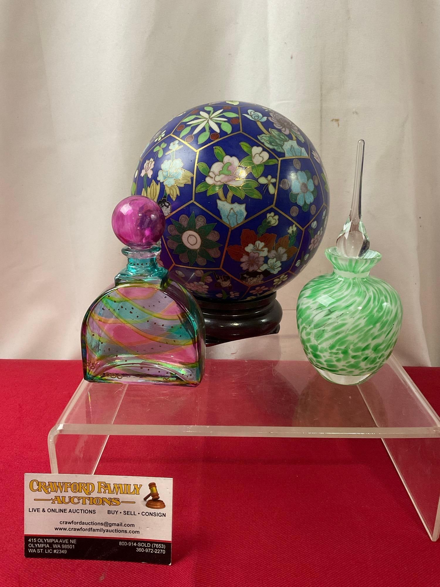 Cloisonne Orb w/ wooden stand, Italian Perfume Bottle #38/1000 & Nemat Intl Round Bottle w/ Stopper: Appears to be in good shape. The cloisonne piece measures approx 6 inches in diameter. See pics. E-3890