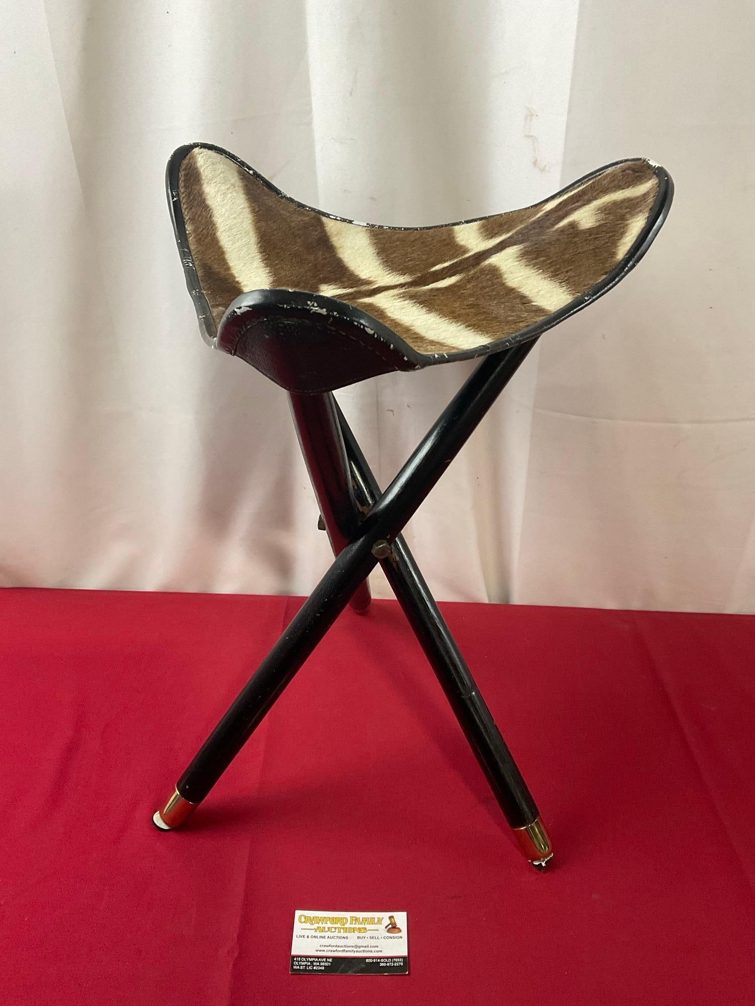 Antique Safari Zebra Folding Stool, Tripod w/ Leather pad, 21 inches when unfolded (1 of 6)