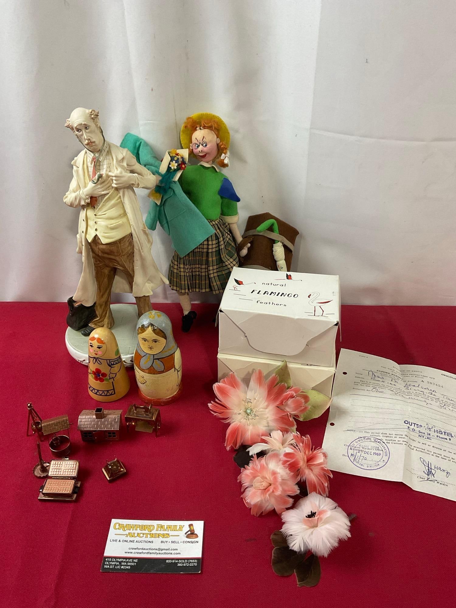 Capodimonte Doctor Figure, Copper Minis, Flamingo Feather Brooches, 1940s Felt Doll, Nesting Dolls (1 of 9)