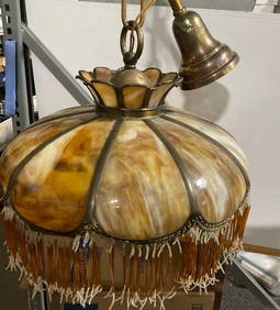 Caramel Slag Glass Stained Glass Chandelier, 32 inches tall w/ chain & 17.5 inch wide shade (1 of 8)