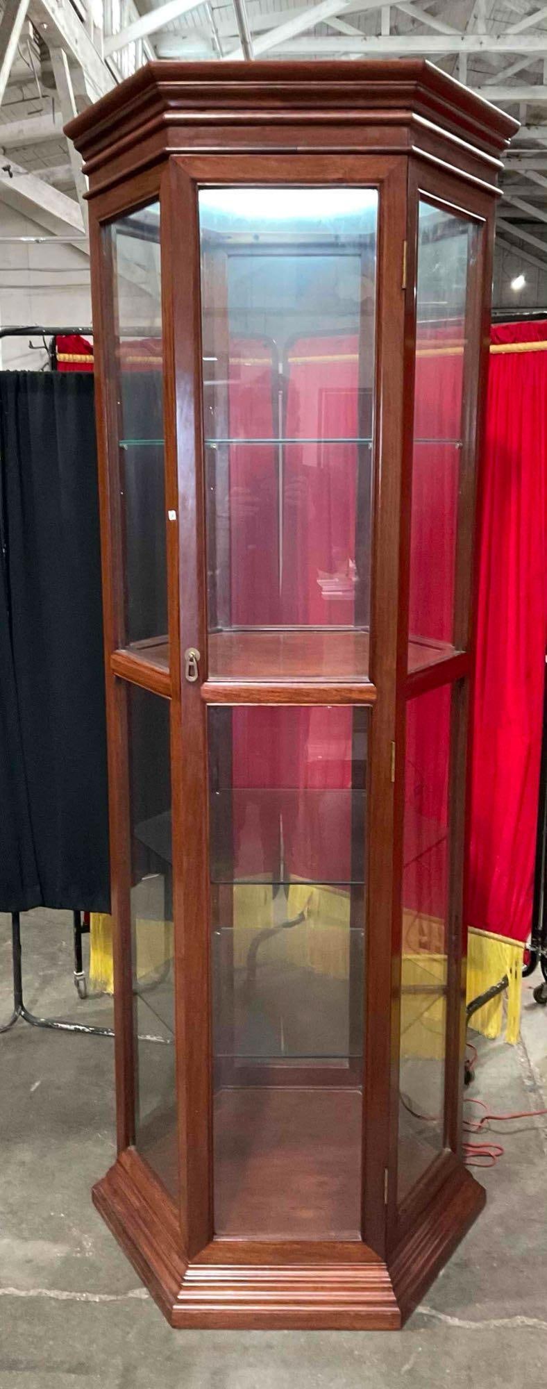 Vintage Lighted Hexagonal Wood Curio Cabinet. Excellent Condition. Tested, Works. See pics. (1 of 8)