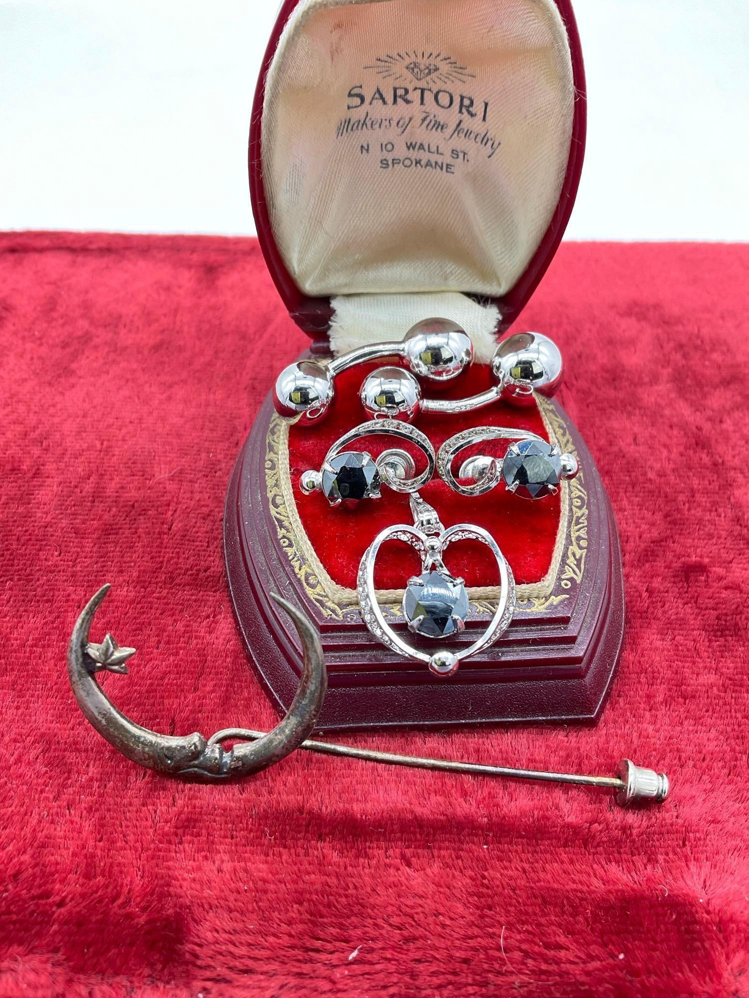 Collection of vintage Sterling silver, Barbell cufflinks, moon hat pin, Sorrento earrings & pendant (1 of 3)