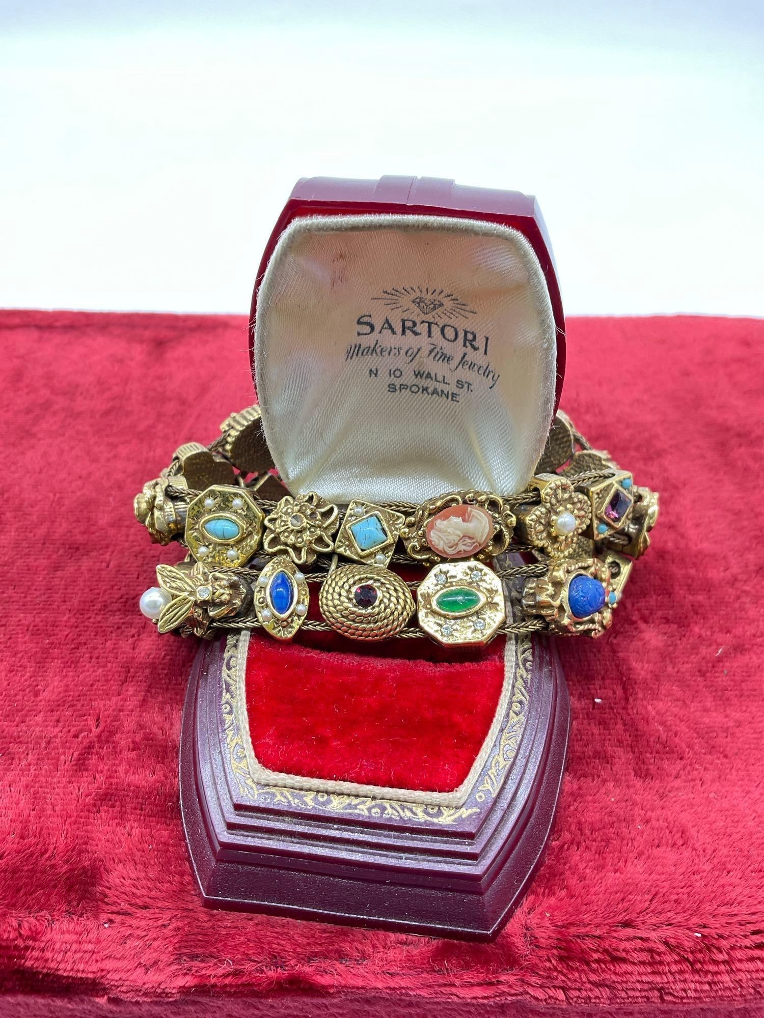 1960s Goldette Victorian Revival Two Strand Slide Lock Bracelet signed featuring 25+ Charms (1 of 4)