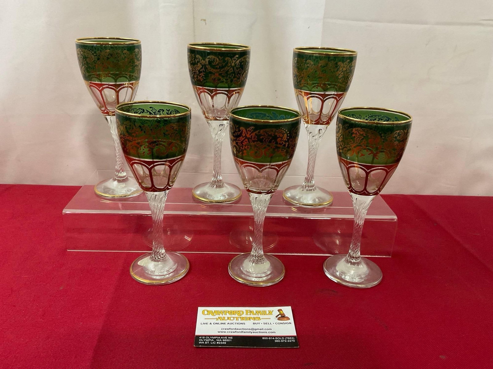 Set of 6 Murano Venetian Cordial Glasses, Green to Clear, w/ Gilt Details, 8 inches tall: Appears to be in good shape. The pieces measure approx 8 inches. See pics. E-3910
