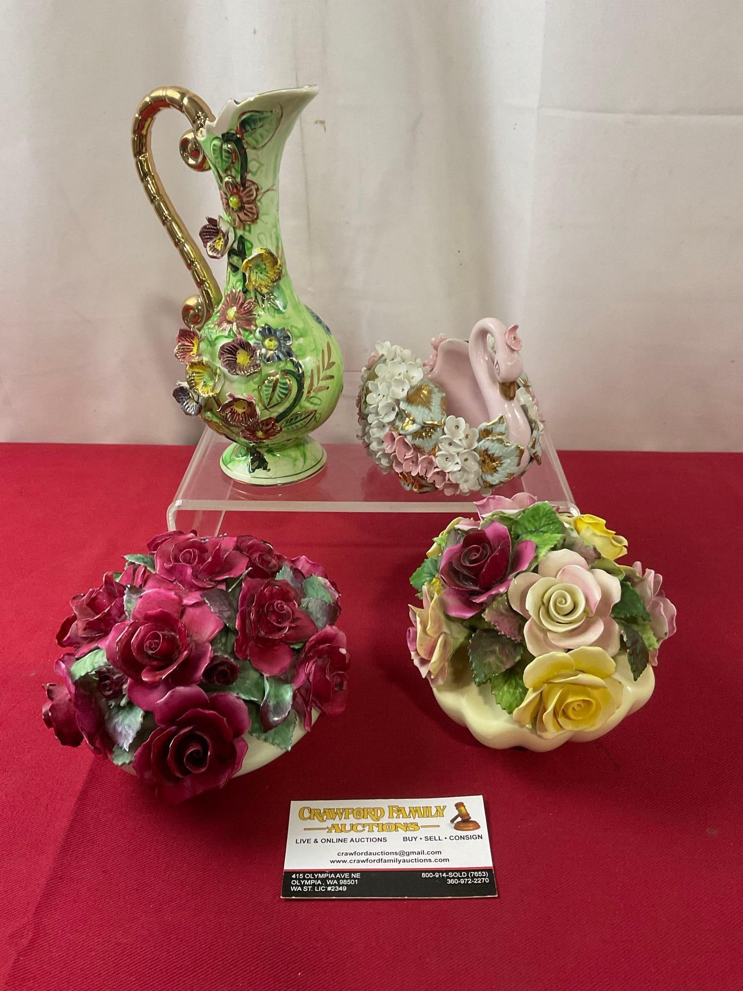 Lefton Swan Piece, West Pac Flowered Ewer & Pair of Royal Adderley Porcelain Flowers Centerpieces (1 of 4)