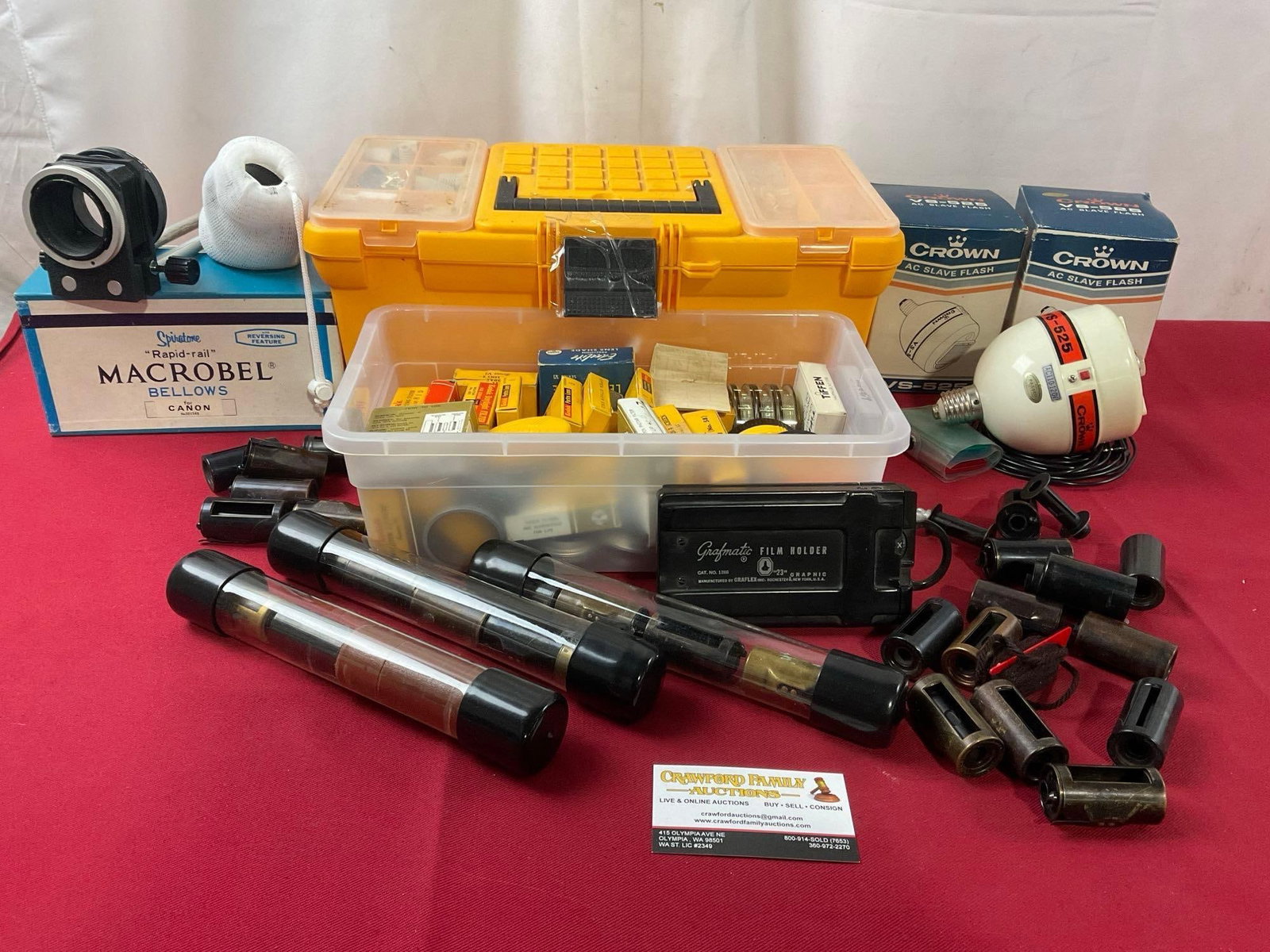 Large Selection of Vintage Camera Accessories, Crown Flash Modules, Lots of Leitz Vintage Film Ro...: Also includes Marcobel Bellows for Canon camera. Appears to be in good shape. The taller piece measures approx 7 inches. See pics. E-414