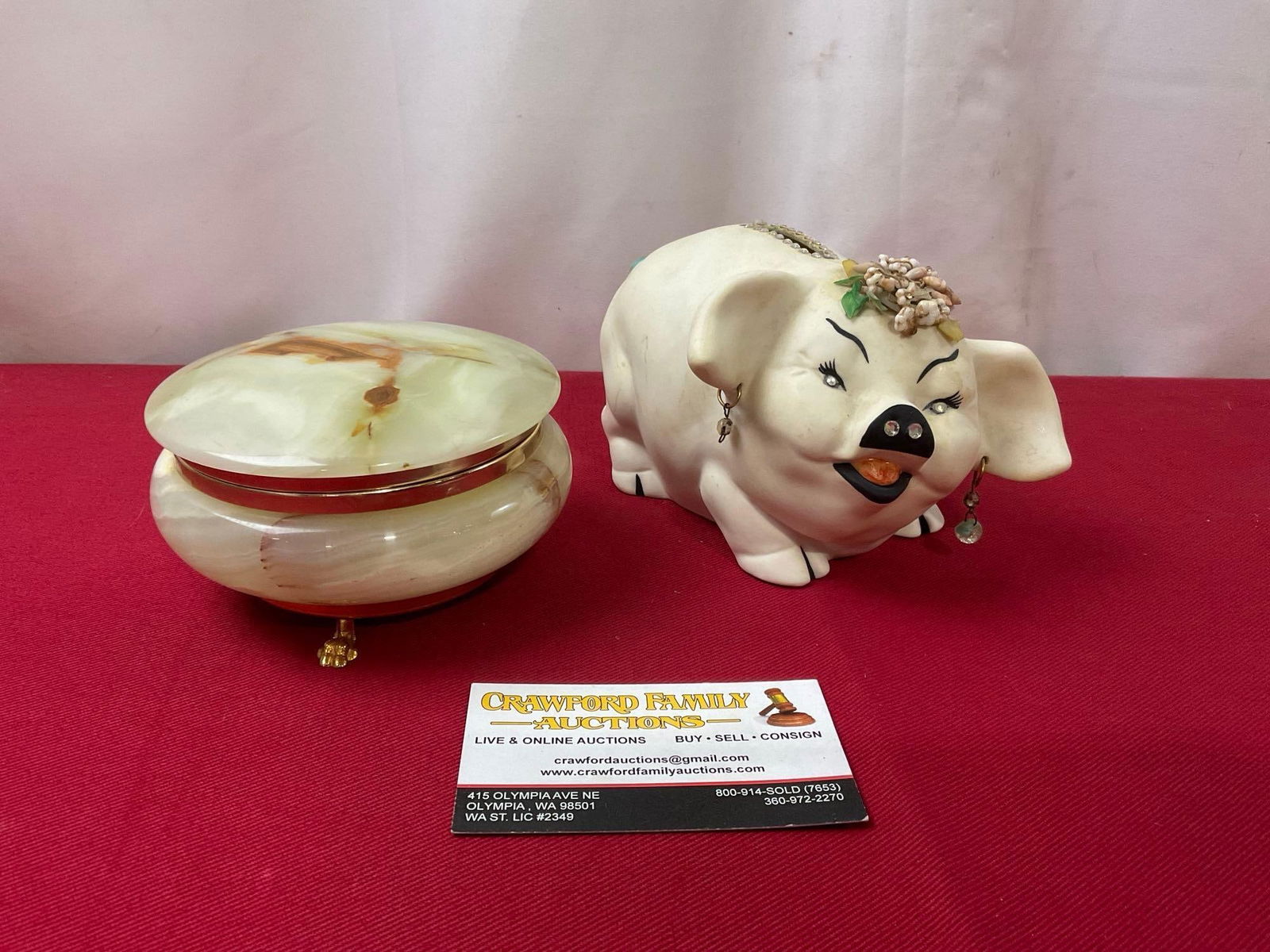 Italian Alabaster & Brass Trinket Box, & Seattle made Color-ific Porcelain Co Piggy Bank, 5 in long (1 of 6)