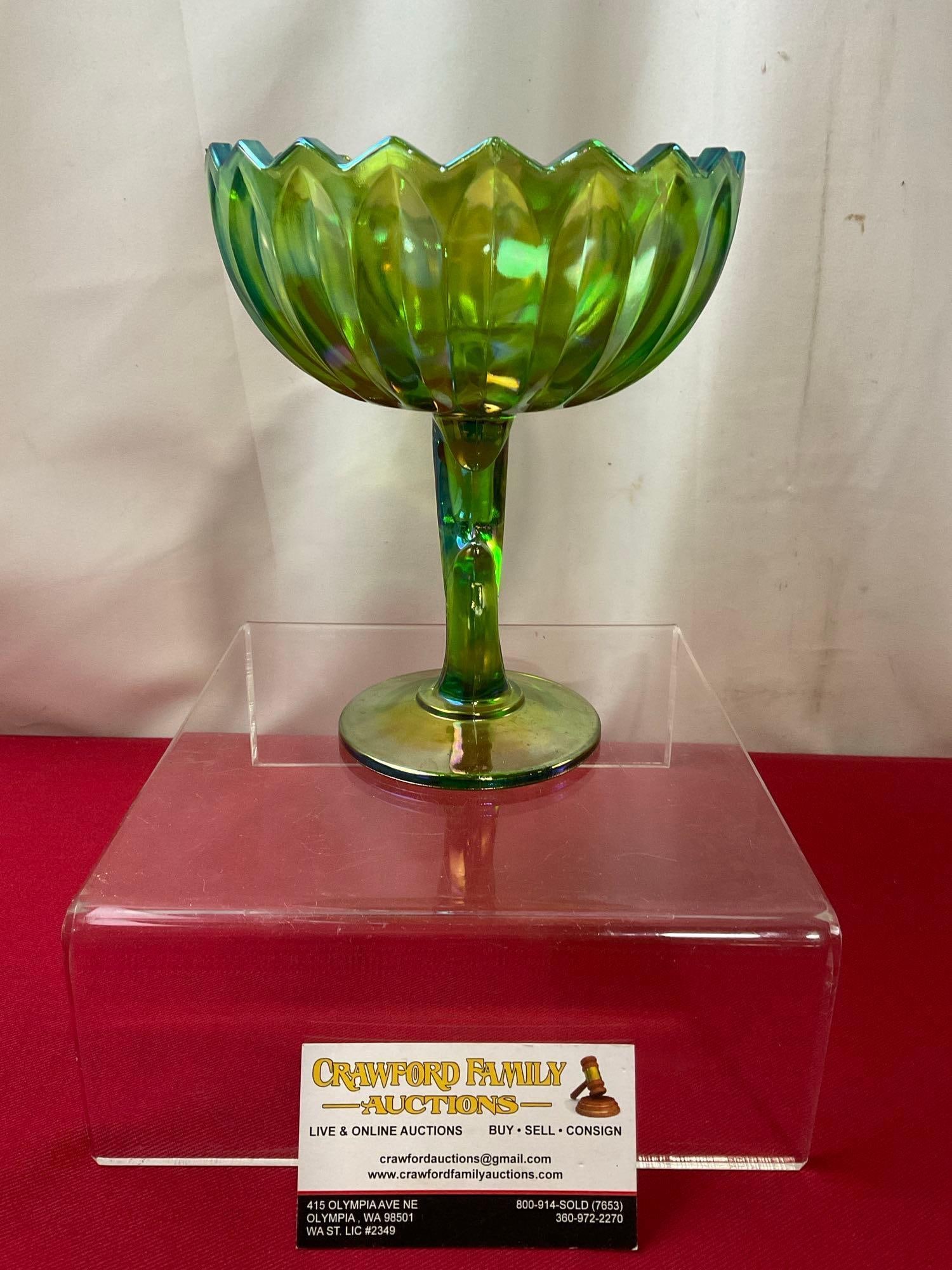 Vintage Indiana Carnival Glass Footed Compote Green Lotus Blossom Iridescent Glass, 7.5h x 6d inc... (1 of 3)