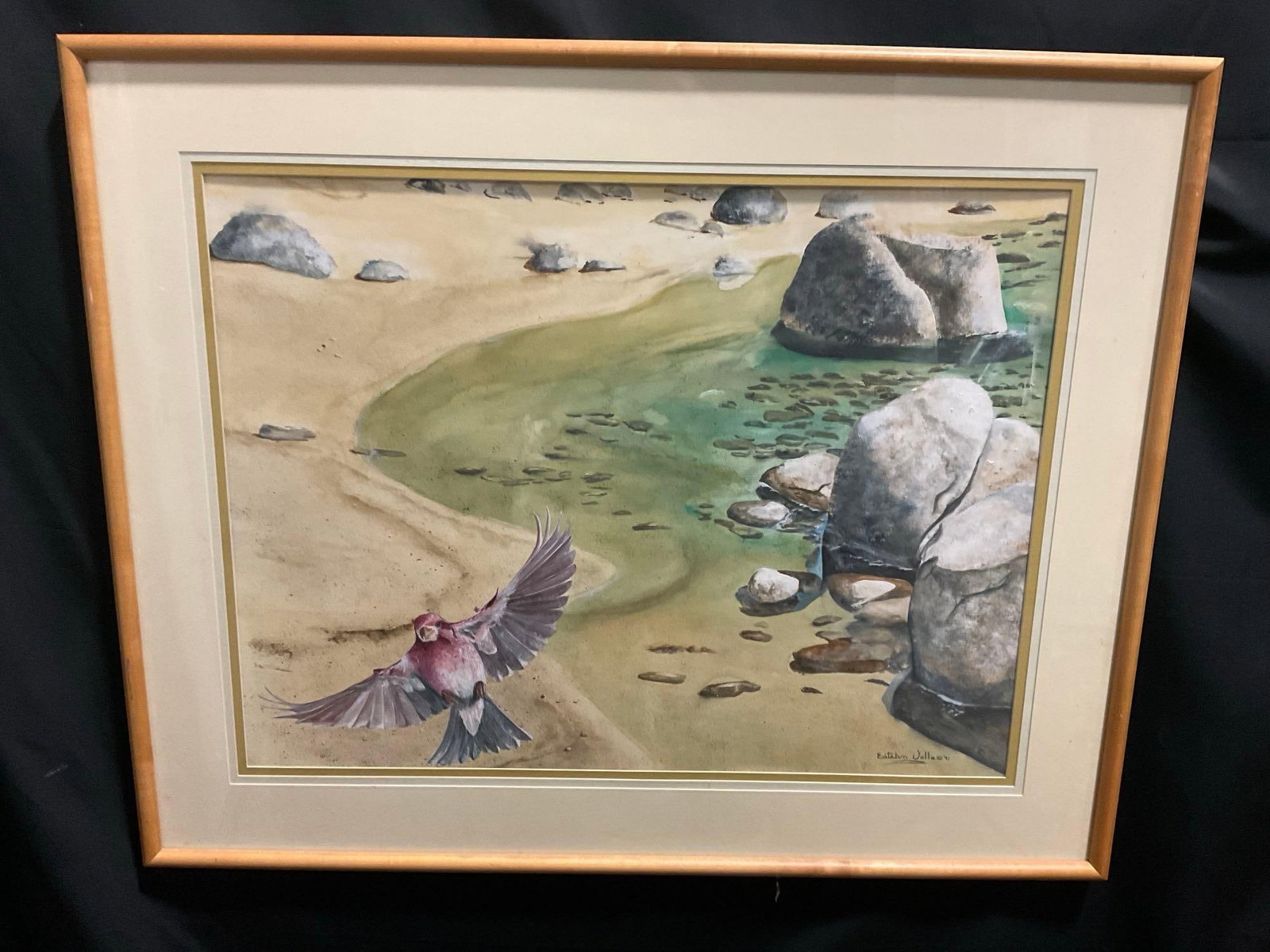 Framed Watercolor Coastline by artist Esteban Jalle, 33h x 41.5w inches: Appears to be in good shape. The outside dimensions measure approx 33h x 41.5w inches. See pics. E-3830 *Oversized shipping may apply*