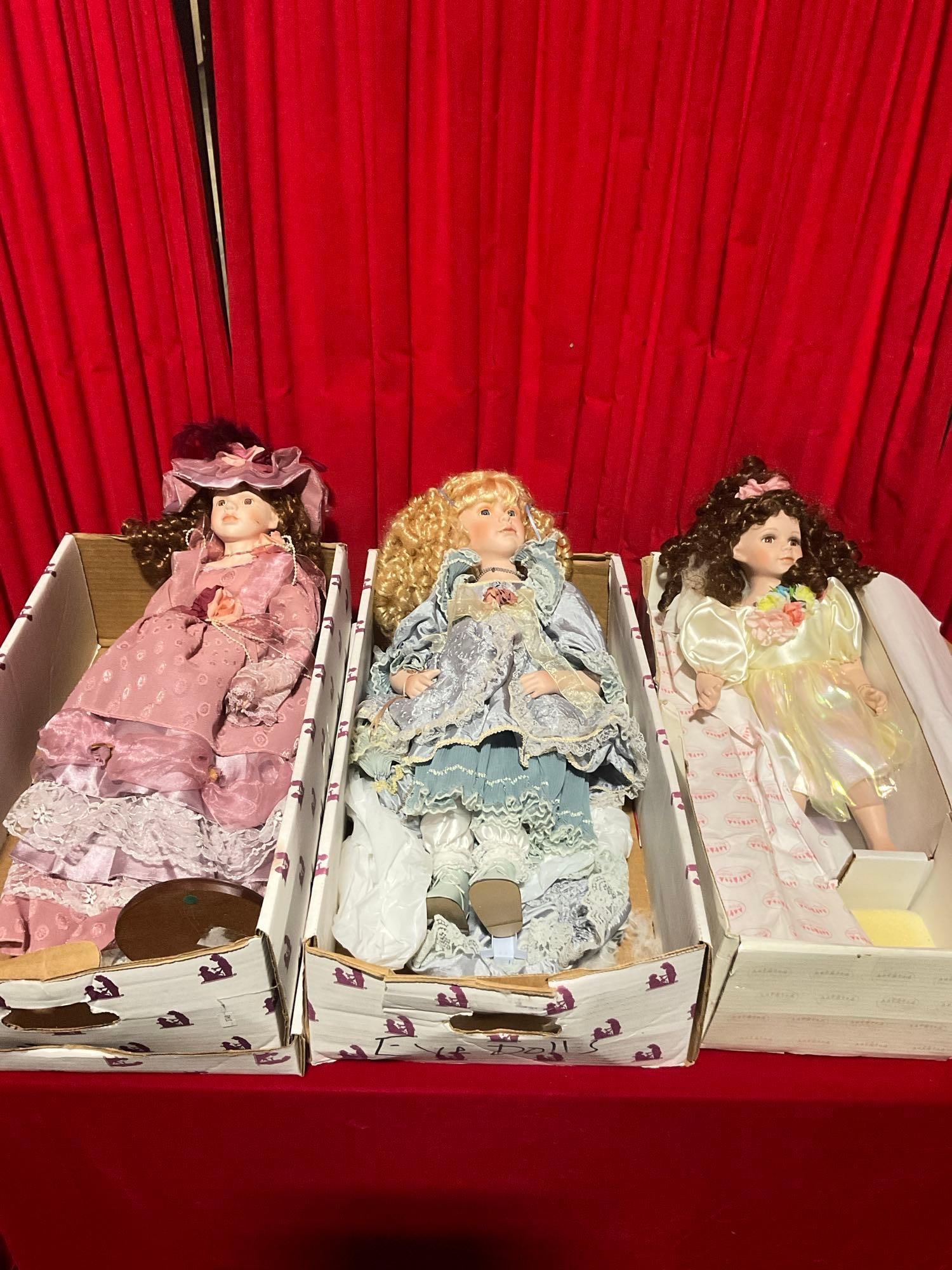 Trio of Gorgeous Vintage Handmade Porcelain Dolls - Show Stopper, & 2 Eve Dolls: Beautiful craftsmanship. In good shape. T-3740