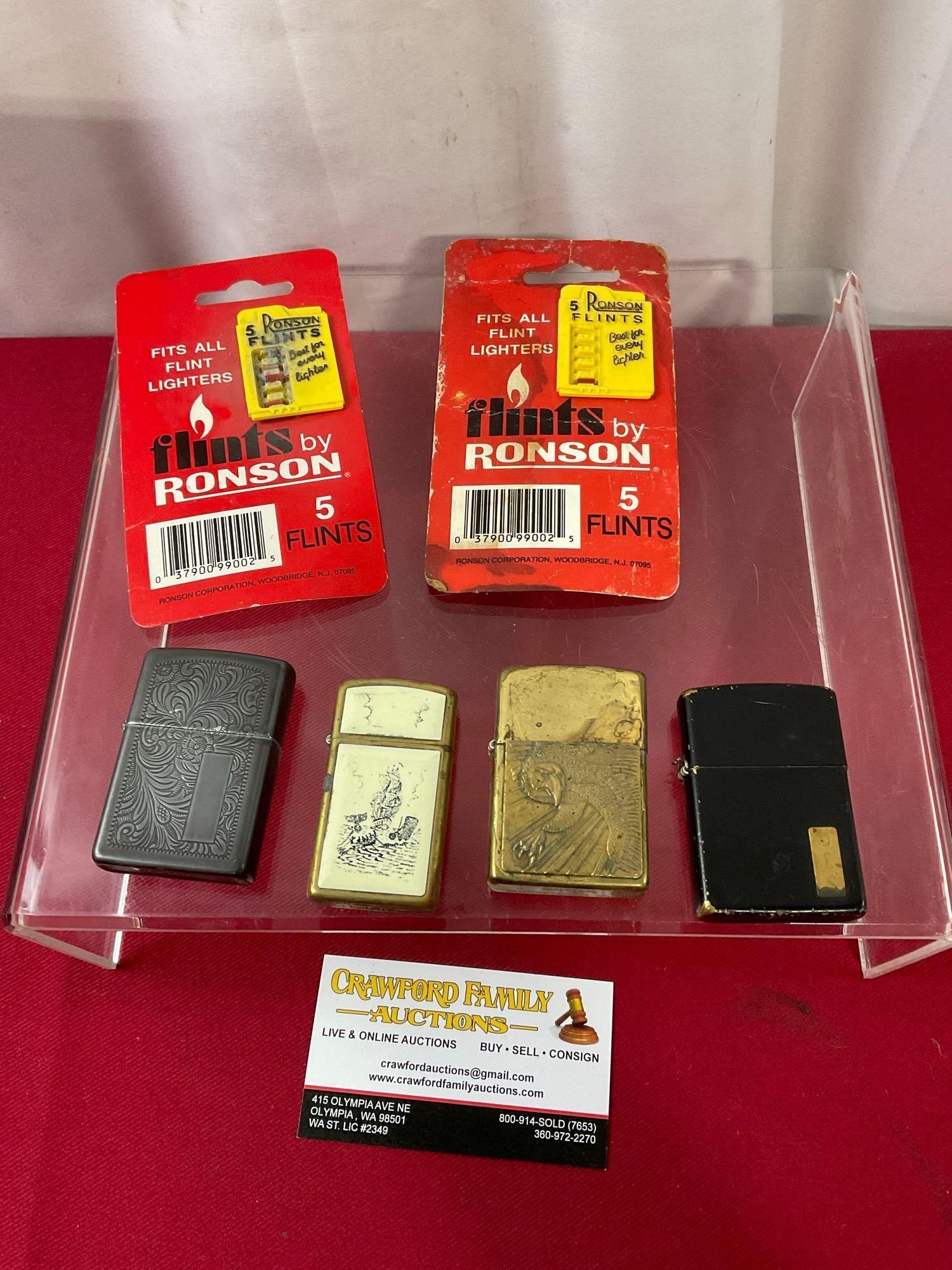 4 Vintage Zippo Lighters, pair of Ronson flint sets, Engraved several styles: Appears to be in good shape. See pics. E-3580