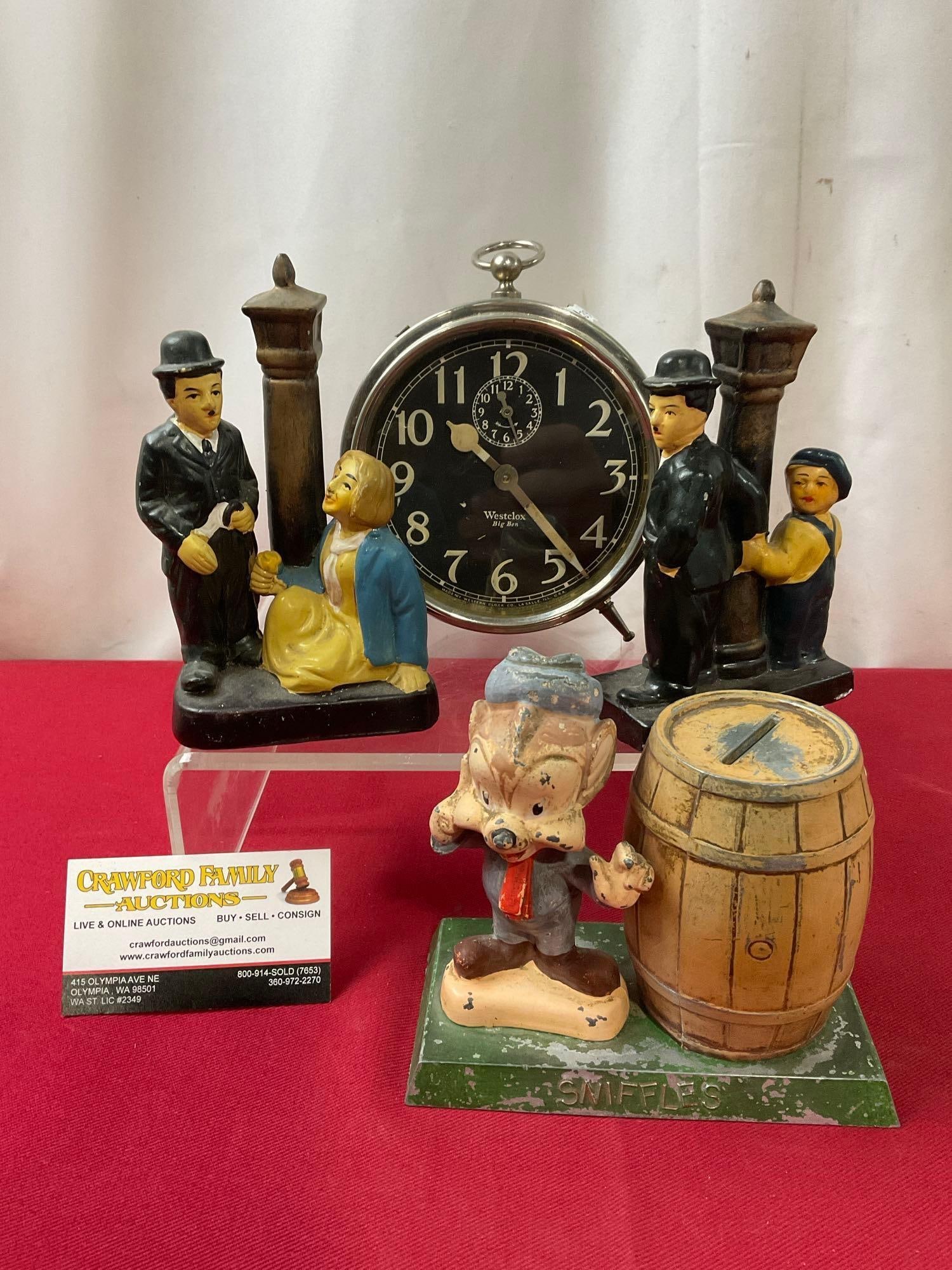 Westclox Big Ben Alarm Clock, Sniffles Cast Iron Coin Bank, Pair of Charlie Chaplin Lamppost Figu... (1 of 8)