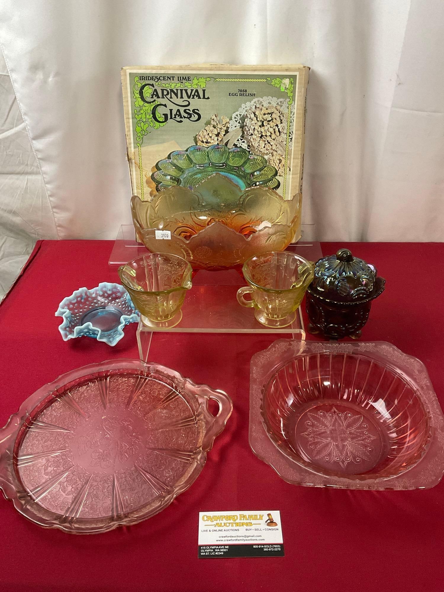 7 pieces of Carnival & Depression Glass, & NIB Iridescent Lime Egg Relish Plate 10 inches: Appears to be in good shape. The plate measures approx 10 inches. See pics. E-3970