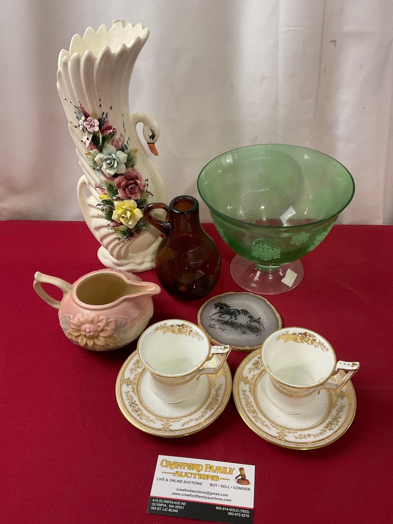 2 Wedgwood Cups & Saucers, FTD Vase, Geode art, Brown Bottle & Hull Creamer: Appears to be in good shape. The vase measures approx 11.5 inches. See pics. E-3970