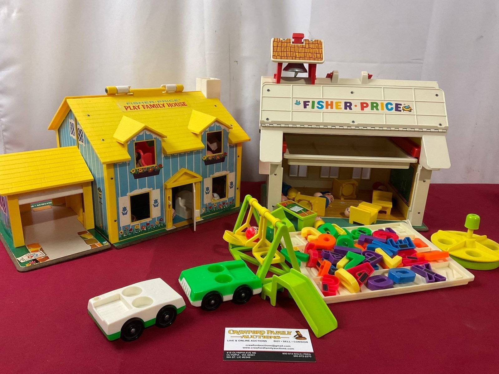 Vintage Fisher Price Schoolhouse & Play Family House w/ magnet letters, playground & minifigs: Appears to be in good shape. The schoolhouse piece measures approx 12 x 12 x 10 inches. See pics. E-3930