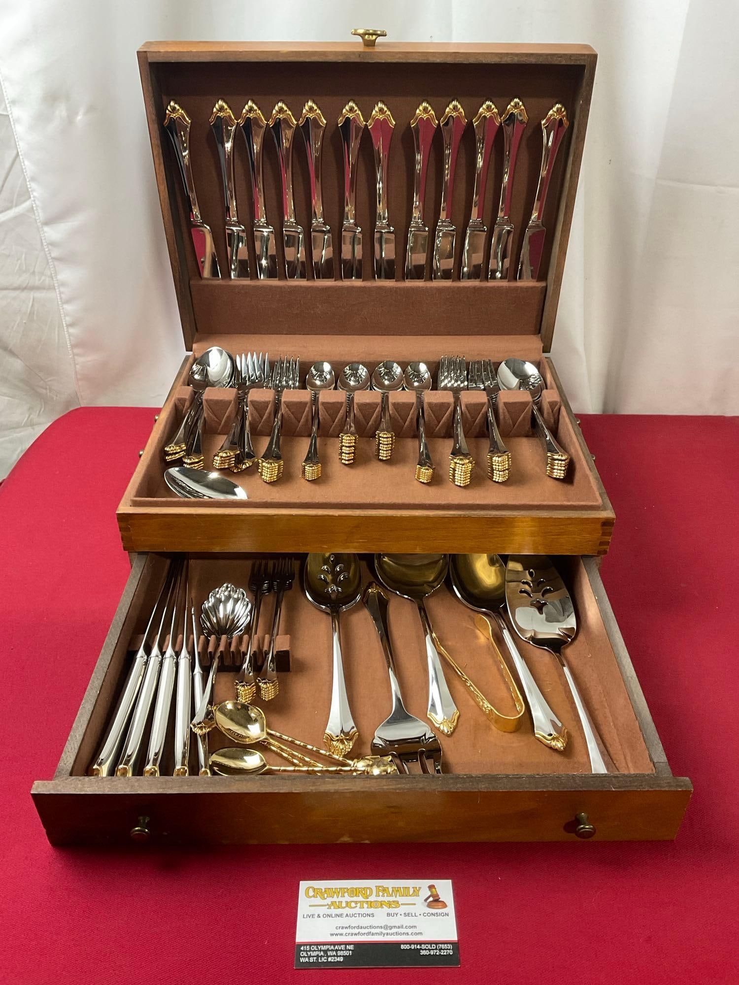 Community by Oneida Plate Flatware Set in Wooden Box, 6h x 16w x 11d inches, approx 120 pieces (1 of 5)