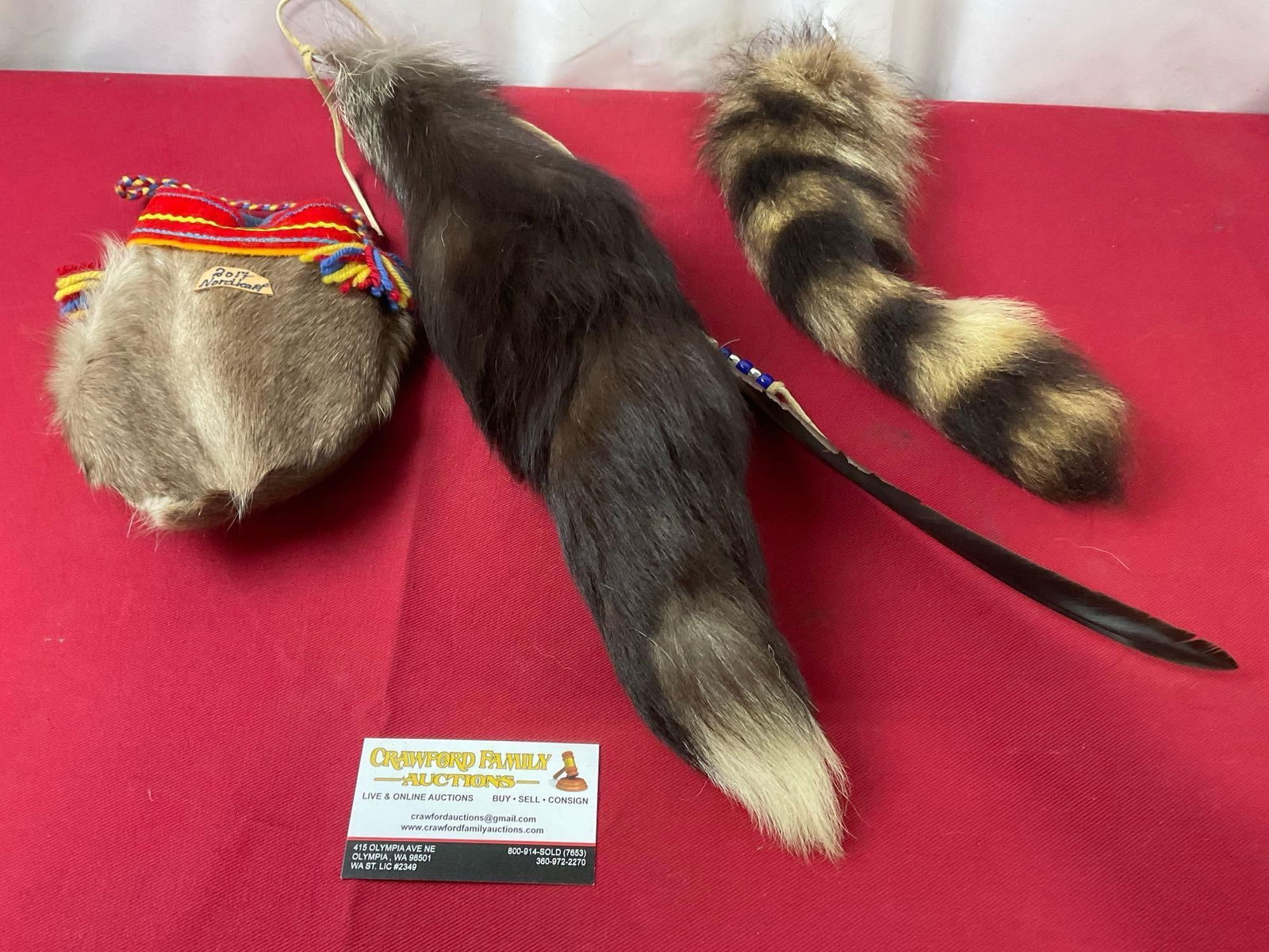 Norwegian Reindeer Hide Pouch, Raccoon Tail & a long fluffy tail, 16 ish inches long (1 of 5)