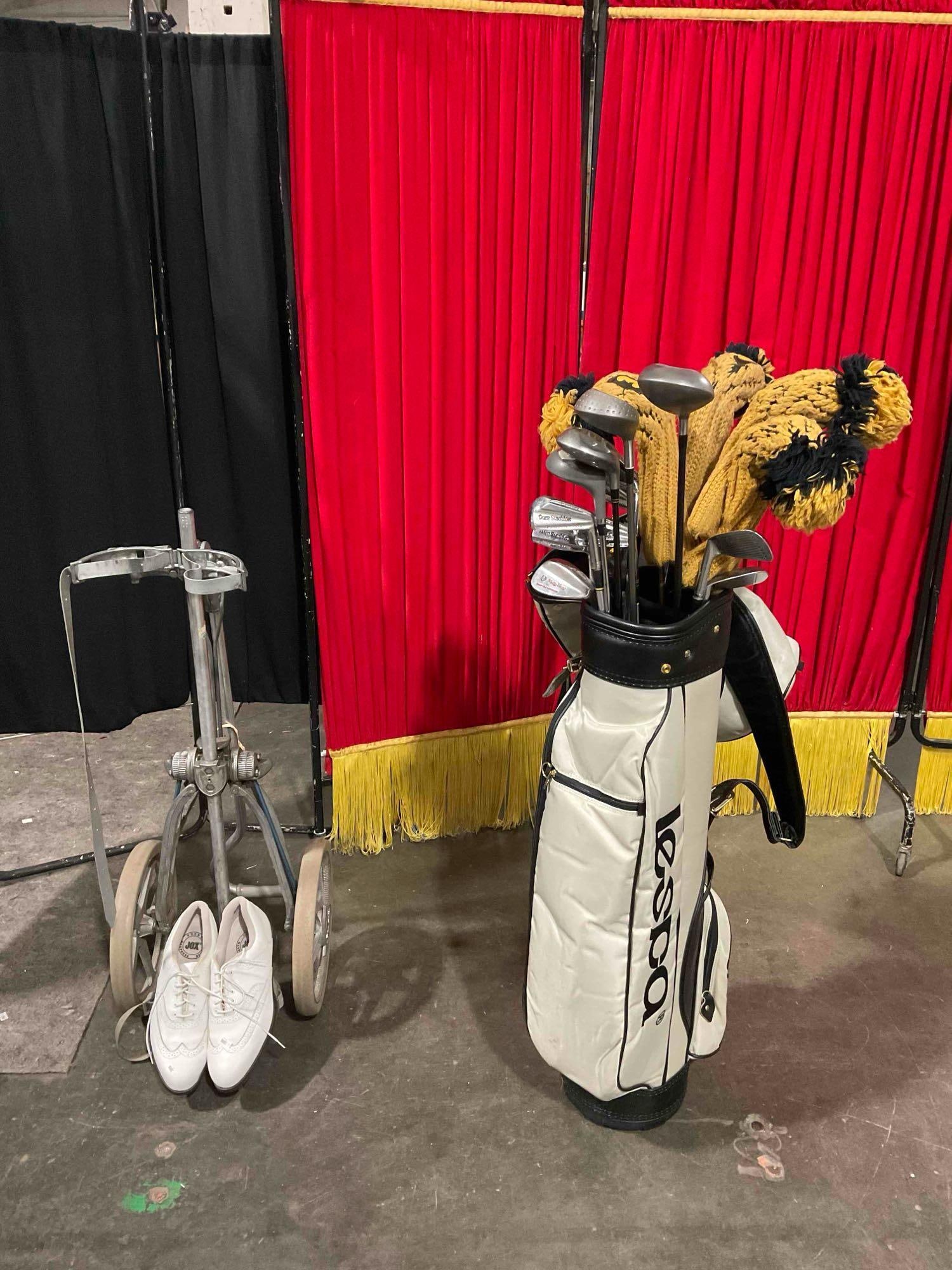22 pcs Golfing Equipment. LESPA Bag, Spalding & Wilson Clubs, Jox Shoes & More! See pics.: 22 pcs Golfing Equipment. LESPA Bag, Spalding & Wilson Clubs, Jox Shoes & More! Bag Boy golf bag holder! Jox shoes have no size, look to be Men's 8 or Women's 10. Minor wear, condition is othe