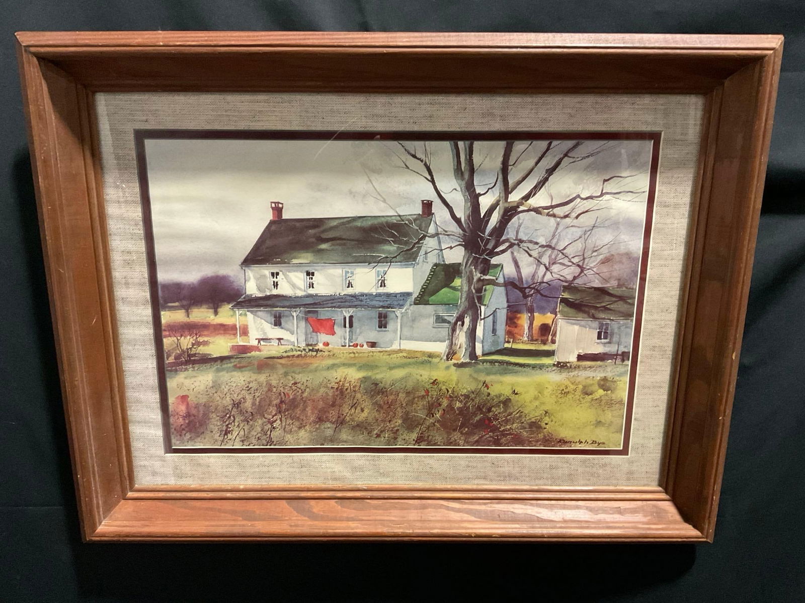 Framed Print titled Country Farmhouse by Ranulph Bye, 19h x 25w inches: Appears to be in good shape. The outside dimensions measure approx 19h x 25w inches. See pics. E-3333
