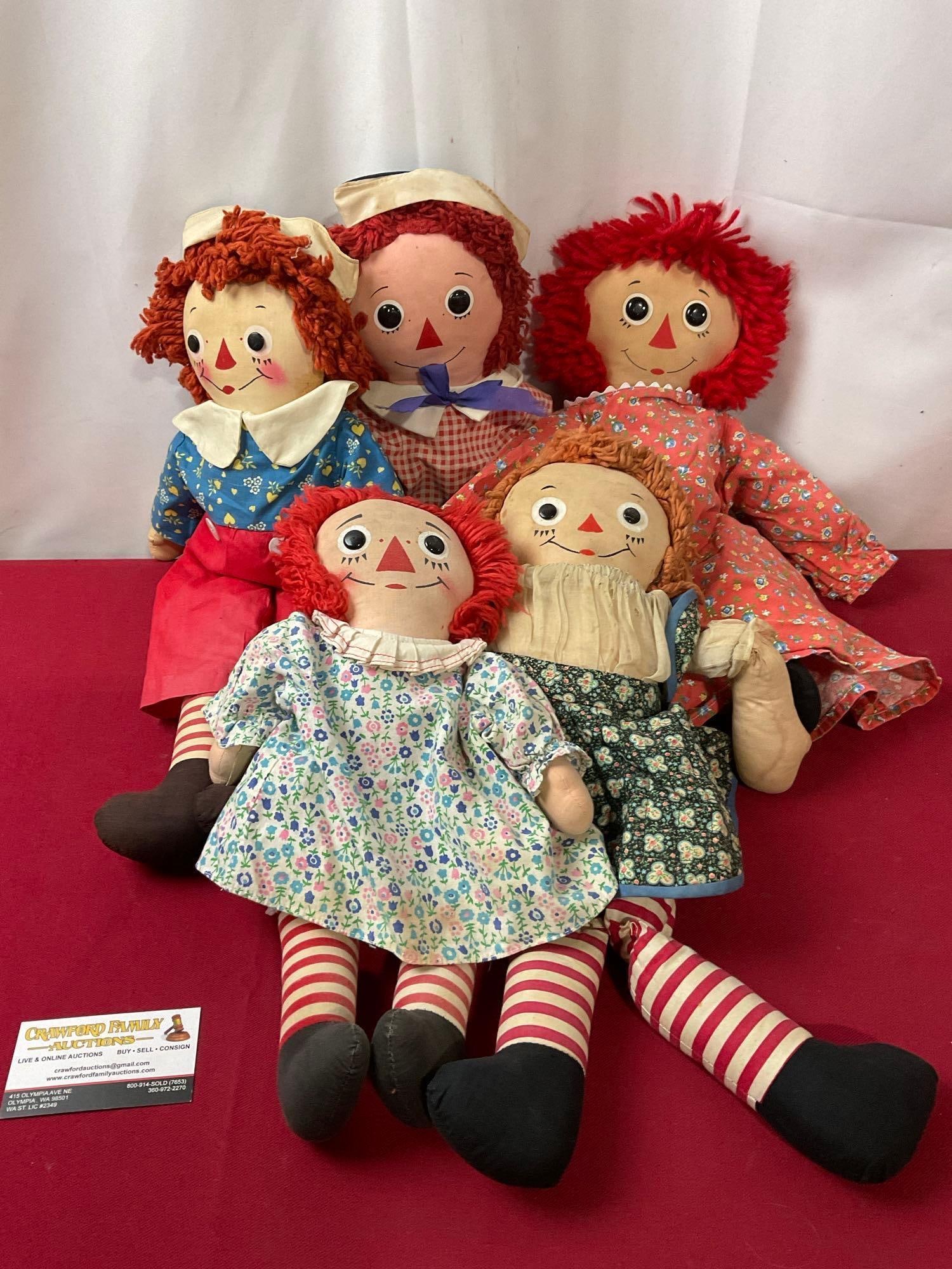 Set of 5 Vintage Raggedy Ann Dolls, Knickerbocker & unmarked, largest is 14 inches (1 of 6)