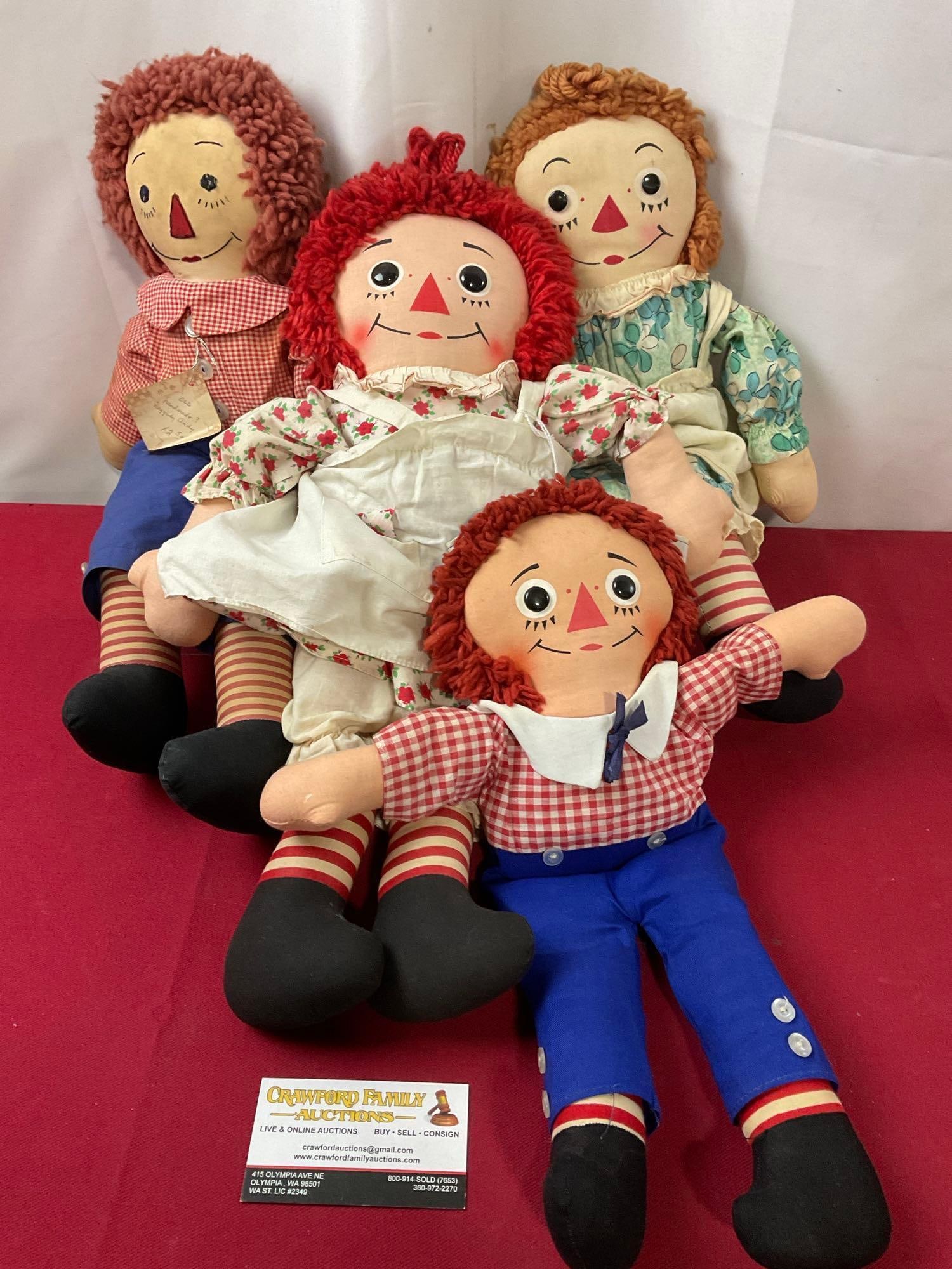 Set of 4 Raggedy Ann & Andy Dolls, Knickerbocker & Unmarked, largest is 12 inches (1 of 5)