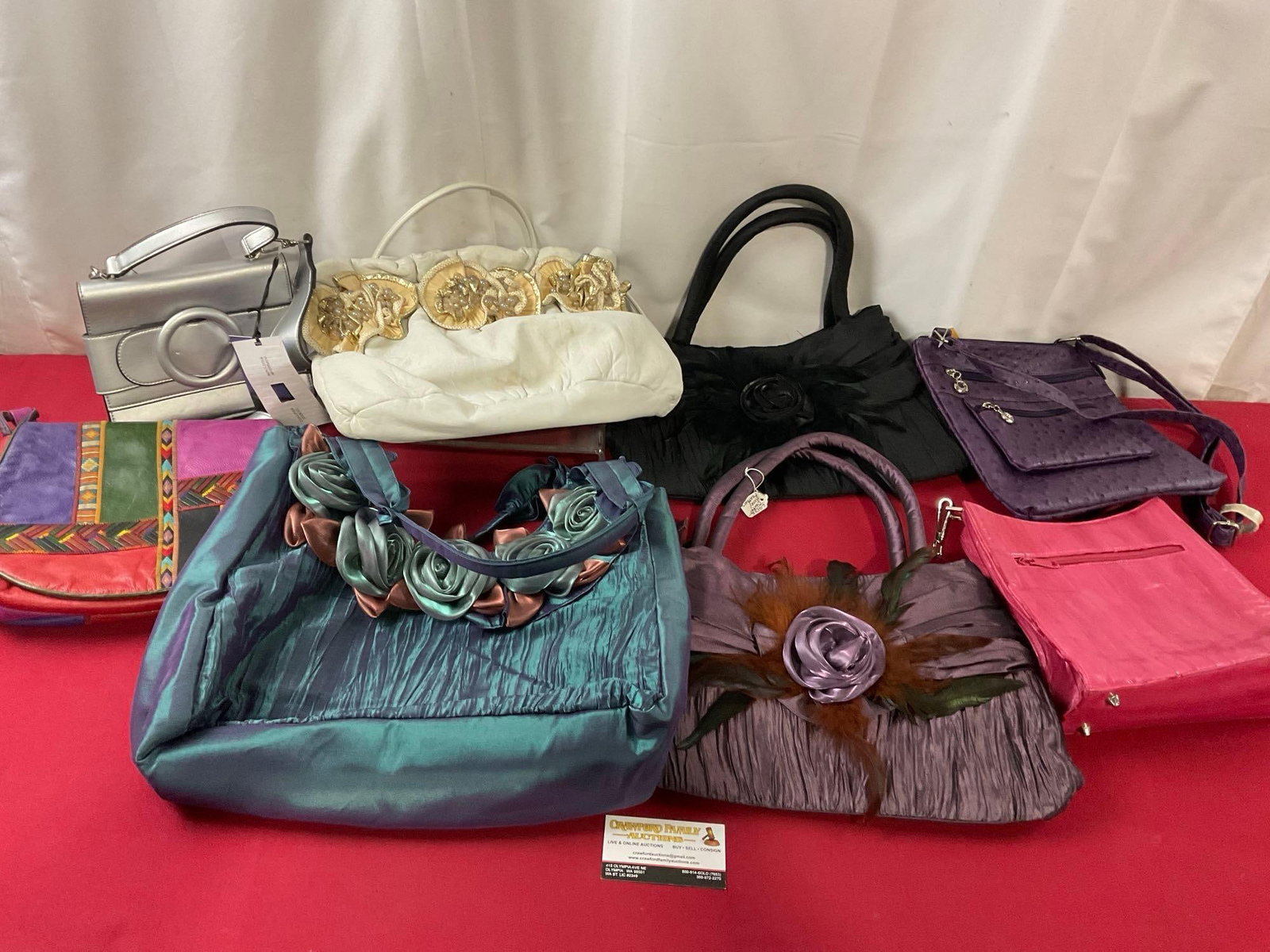Collection of 8 Purses, Nice Variety, Sharif, Future Collective, a few Satin Exterior Bags, & more: Appears to be in good shape. The largest piece measures approx 10 x 14 inches. See pics. E-4020