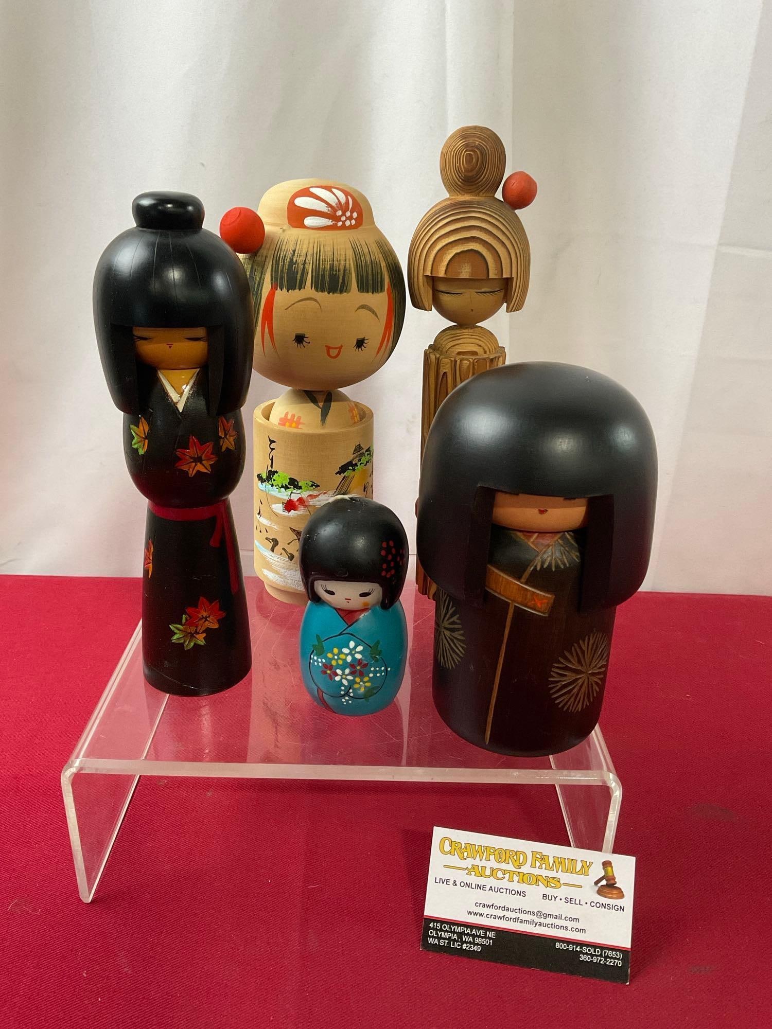 Collection of 4 Japanese Wooden Kokeshi Dolls & 1 Candle, handpainted details, tallest is 8 inches (1 of 4)