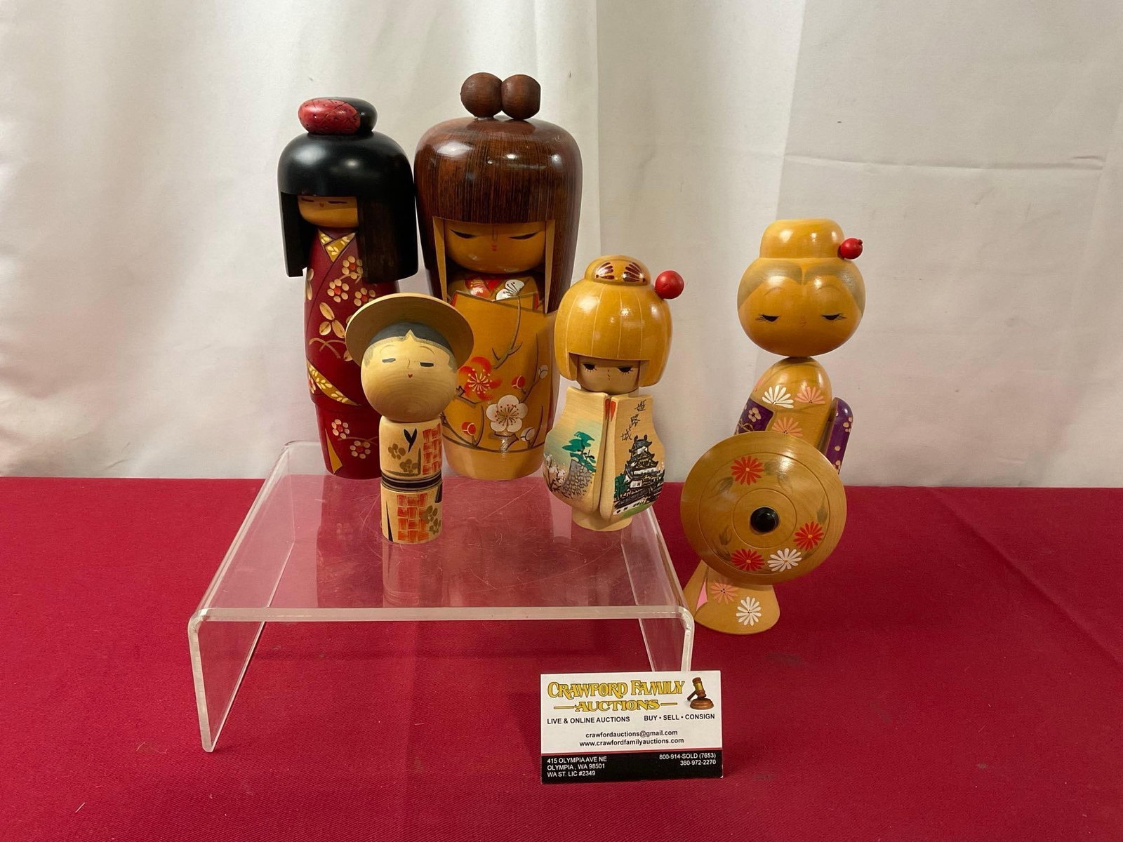 Collection of 5 Japanese Wooden Kokeshi Dolls, handpainted details, tallest is 9 inches: Appears to be in good shape. The taller pieces measure approx 9 inches. See pics. E-3980