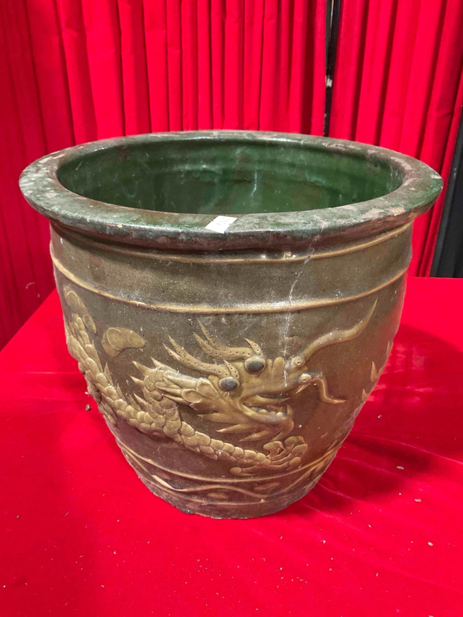 Brown & Green Ceramic Pot w/ Asian Dragon Motif. Condition Fair to Good. See pics. (1 of 8)