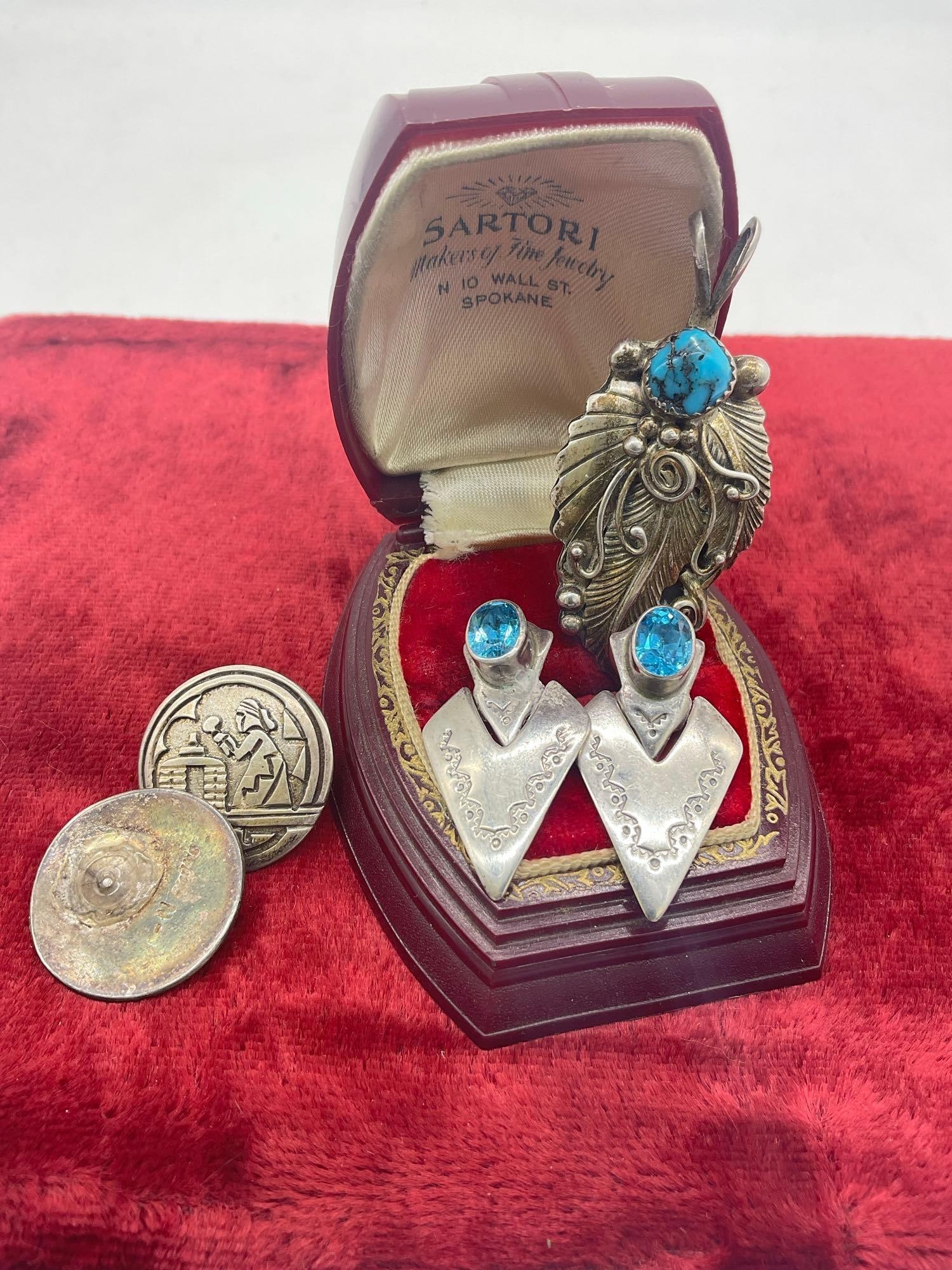 Vintage Navajo Old pawn leaf Pendant w/ turquoise stone & 2 pair Navajo , Zuni Earrings (1 of 3)